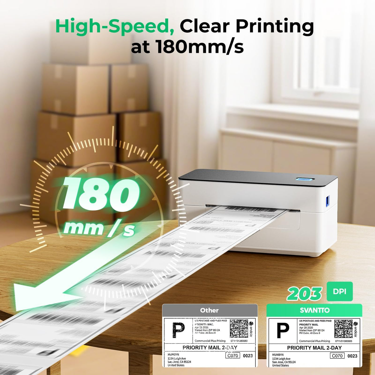 SVANTTO Bluetooth Shipping Label Printer 4x6, Compatible with Windows/Mac/Android/iOS, High-Speed 4x6 Thermal Label Printer for USPS, UPS, Etsy, Shopify, Poshmark, Inkless Printing