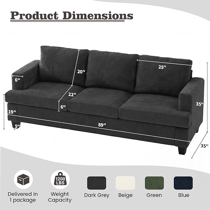 Apicizon 89" 3 Seat Couch for Living Room, Comfy Couch Clound Sofa 3 Seater Sofa