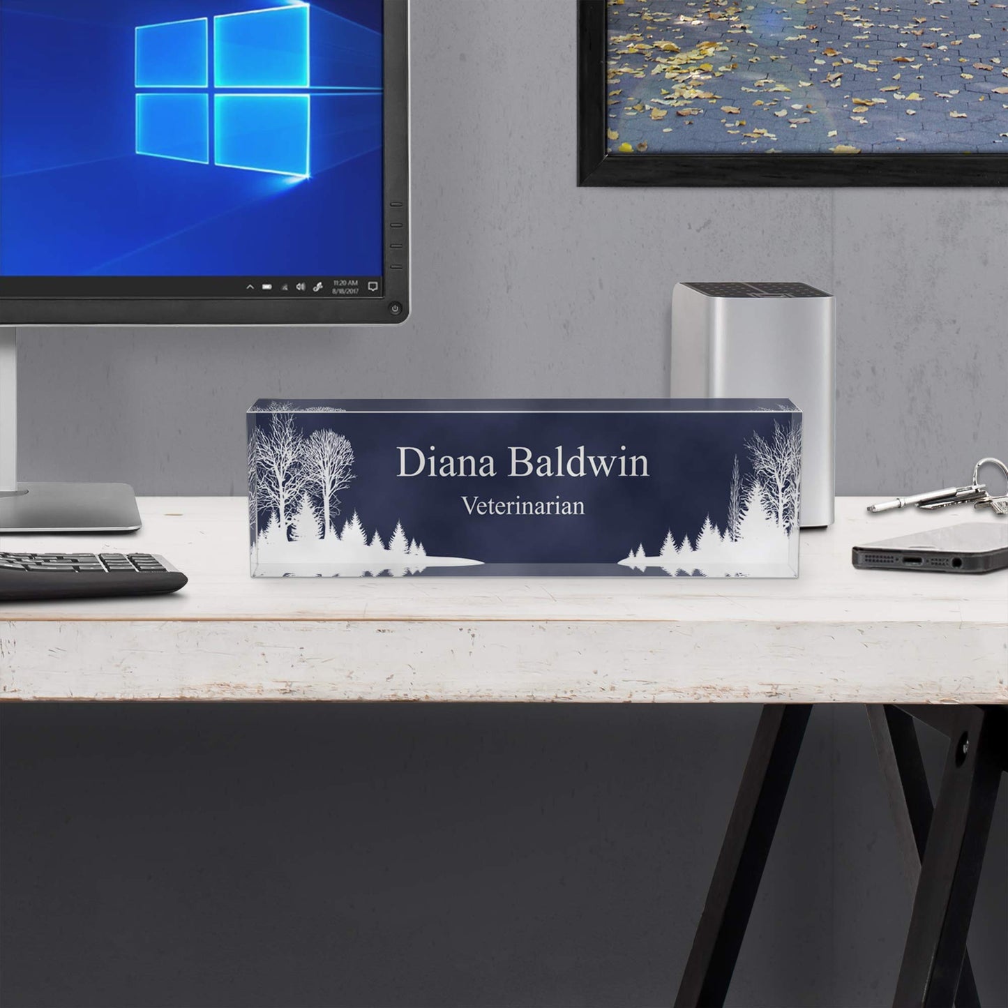 Infusion Personalized Office Desk Name Plate Acrylic Glass Block (10 x 3 x 1.25", Winter Serenity)