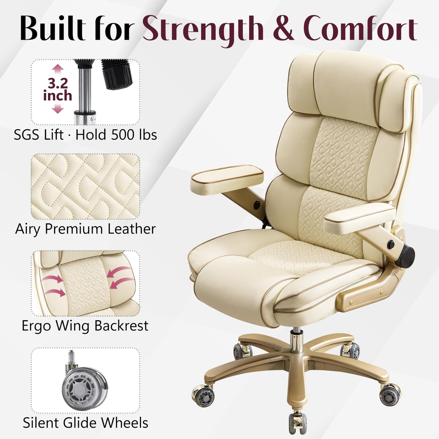Furnistyle Big and Tall Office Chair 500lbs,5D Armrests Heavy Duty Executive Leather Chair with Comfortable Seat, Adjustable Lumbar, High Back, Large Computer Desk Chair for Home Office, Beige