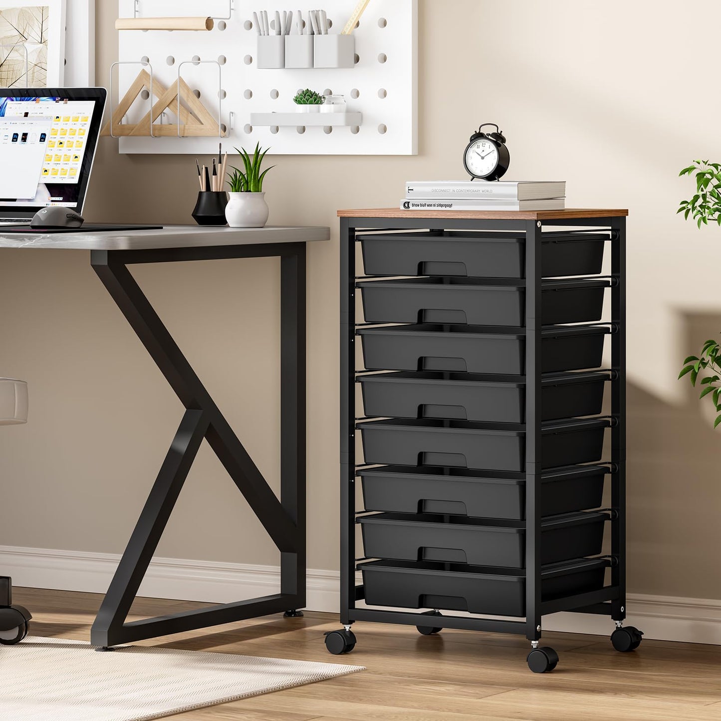 SYKIARIOL Rolling Storage Cart with Drawers,Utility Cart With 8 Drawers and Wooden Tabletop,Rolling Drawer Cart,Storage Drawer Cart for Living Room,Classroom,Bedroom,Bathroom,Dorm,Office, Black