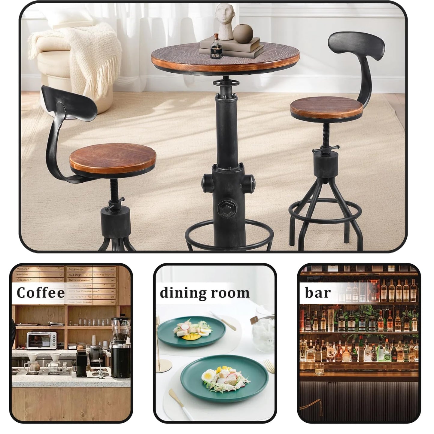 BOKKOLIK Industrial Bistro Bar Table 38.6-44.4inch Height Adjustable Farmhouse Pub Table for Kitchen Dinning Room Office Swivel Wooden Top
