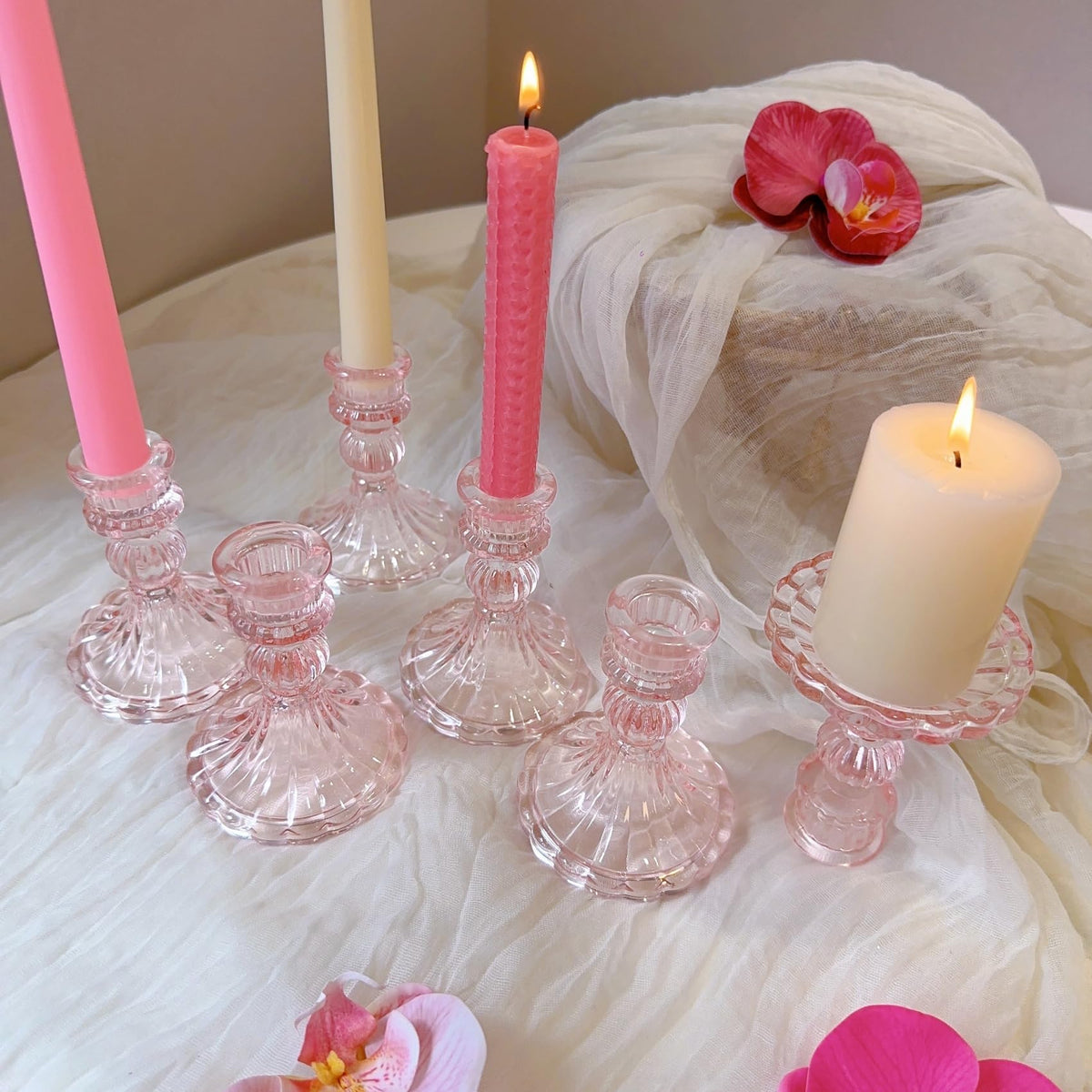ECHFSM Glass Candlestick Holder,Striped Taper Candle Holders,Set of 6 Candle Stand for Table Centerpieces, Home Decor,Weddings,Festival and Parties (Light Pink Stripe)