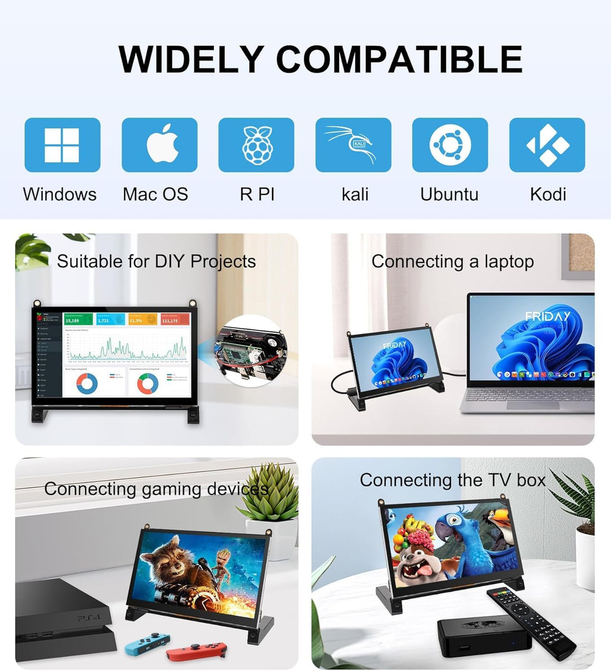 Prystivue 7 Inches Touchscreen Monitor, HD 1024×600 IPS LCD Capacitive Touch Screen Compatible with R Pi 4B/3B+/3B/2/1B+/Zero Ora Pi 5 Por/3 Plus/3B/4B Ban Pi and Windows 10/8/7 (CX-070-A3 US) 1