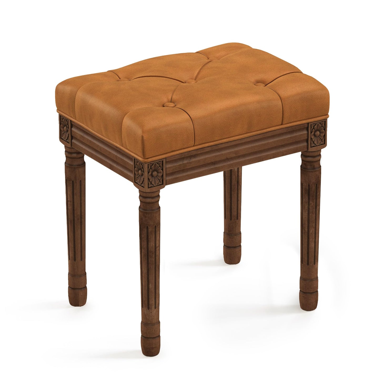 LUE BONA Upholstered Fabric Vanity Bench Seat, Makeup Stools for Vanity, Square Tufted Ottoman Bench with Carved Dark Brown Color Legs for Bedroom Living Room, Whiskey Brown