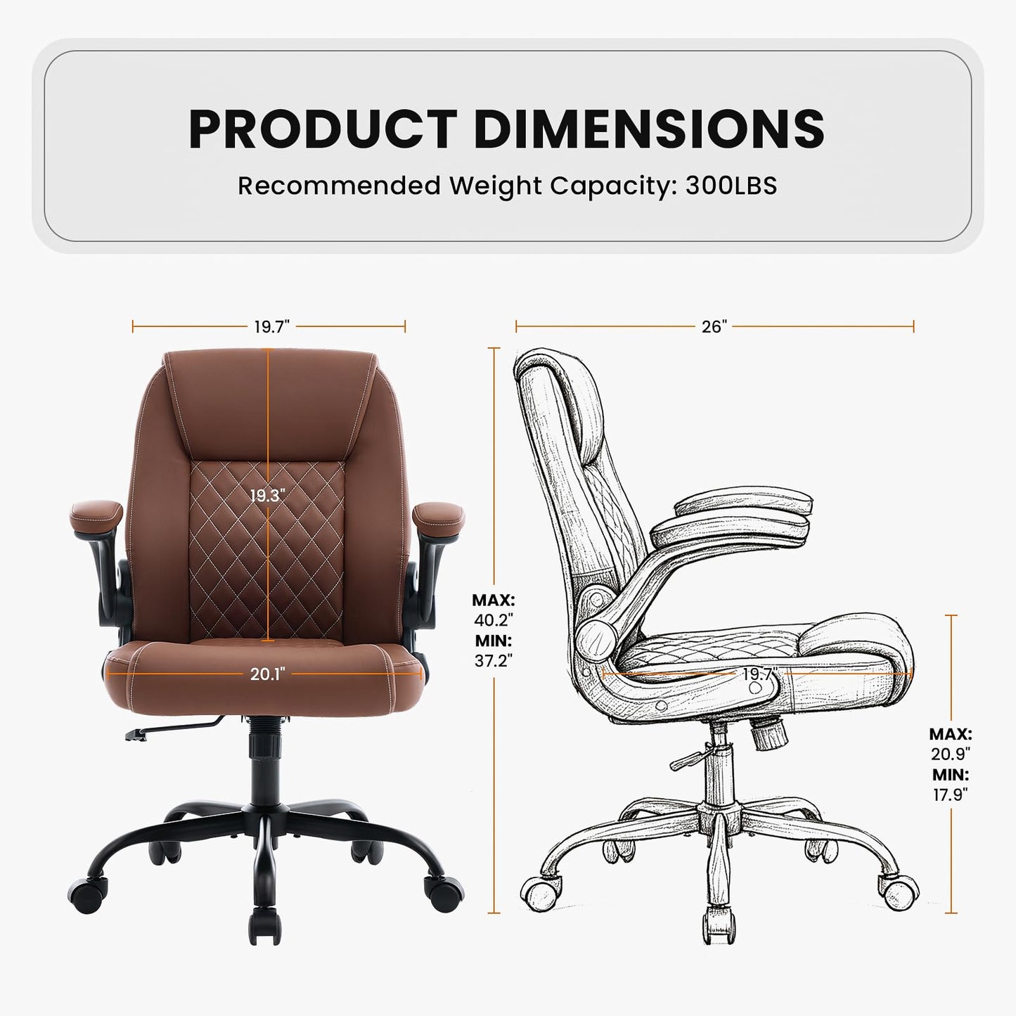 Leather Office Chair, 300lbs Heavy Duty Mid-Back Desk Chairs with Flip-up Armrests, Space-Saving Swivel Task Chair with Wheels, Adjustable Height and Ergonomic Back Support, Brown