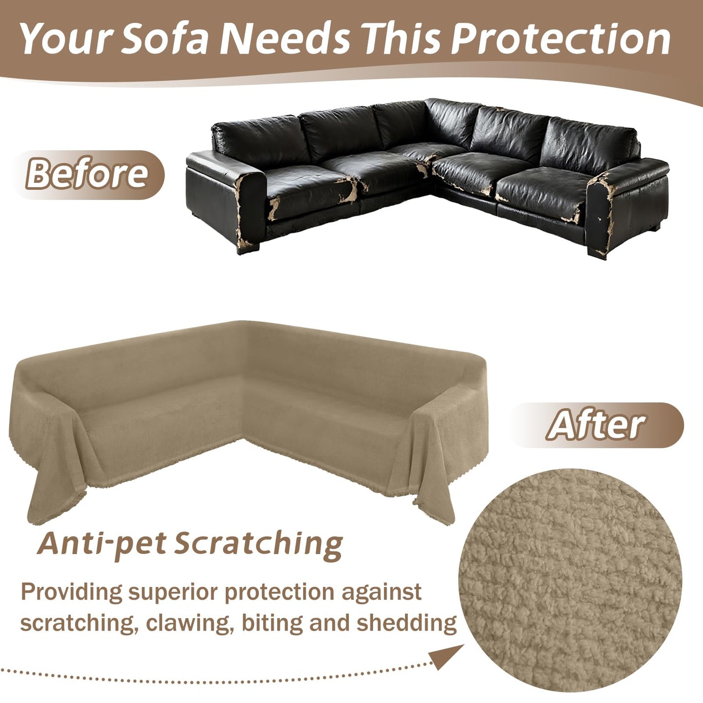 Arfntevss Corner Sectional Couch Covers L Shape Plush Sofa Cover with Tassel Thick Soft Couch Cover for Sectional Sofa U Shaped Slipcovers Washable Dog Furniture Protector (71" x 224", Khaki)