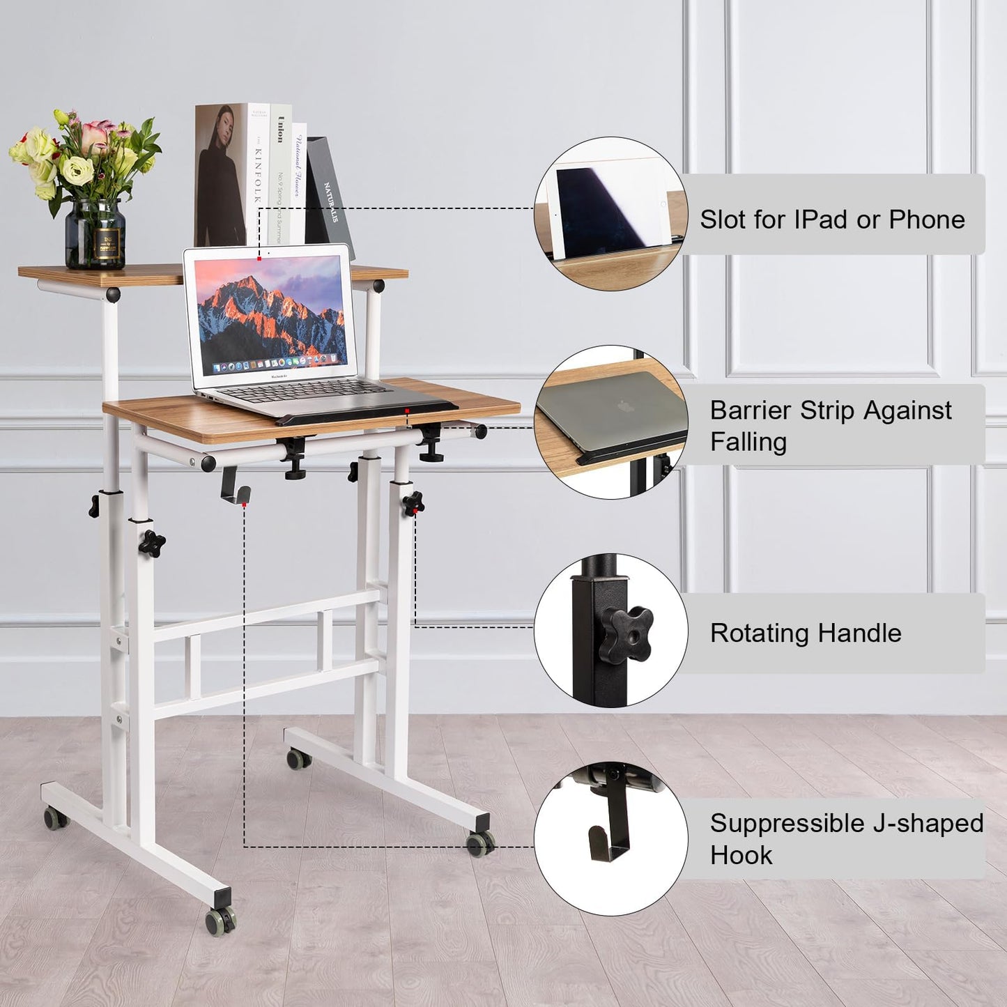 Hadulcet Mobile Standing Desk with Charging Station, Adjustable Standing Computer Desk, Standing Adjustable Laptop Cart with Wheels for Home Office Classroom Vintage Oak
