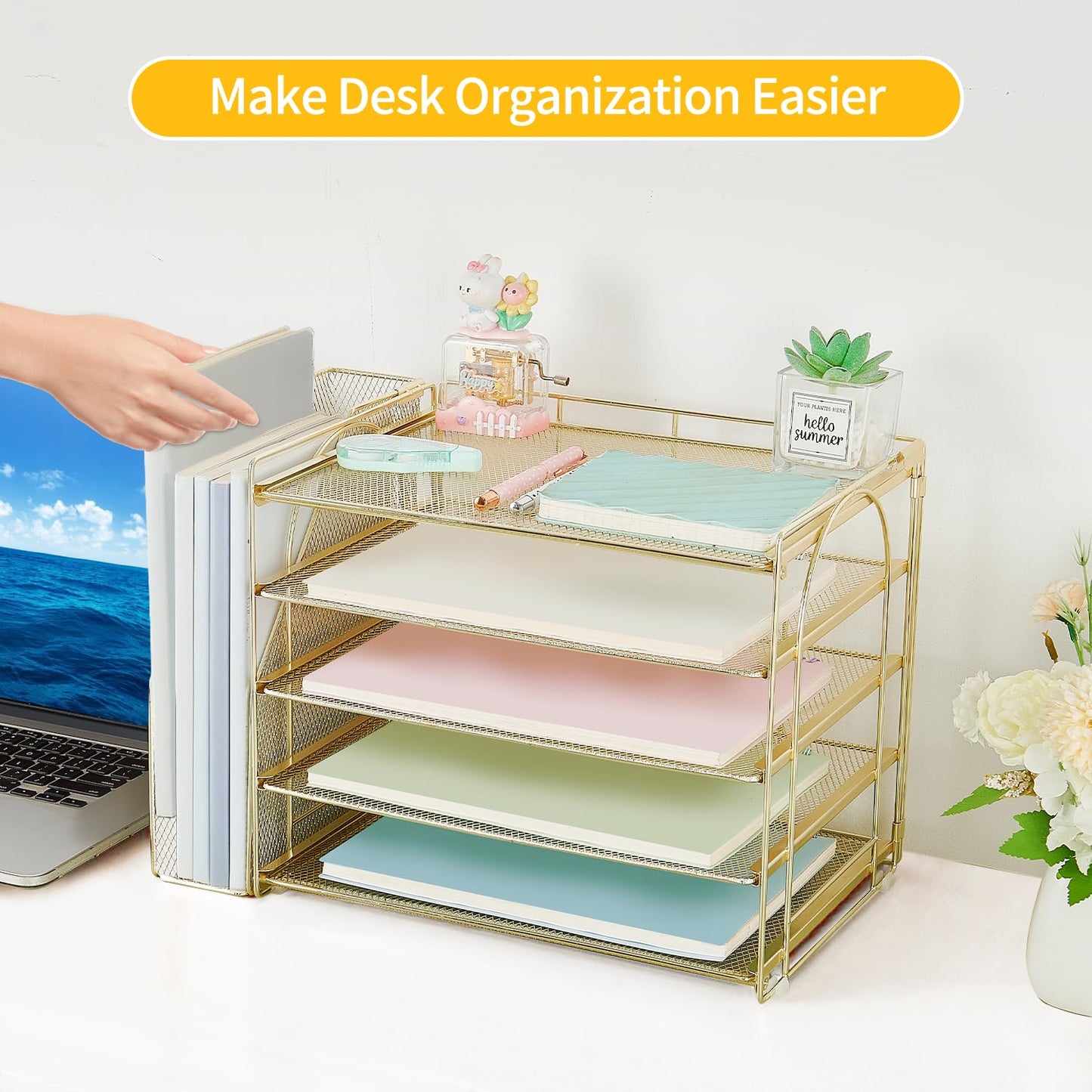AUPSEN Gold Desk Organizers and Accessories, 5-Tier Desktop Paper File Organizer with Removable File Holder, Desk Accessories & Workspace Organization for Home Office Supplies (Gold)