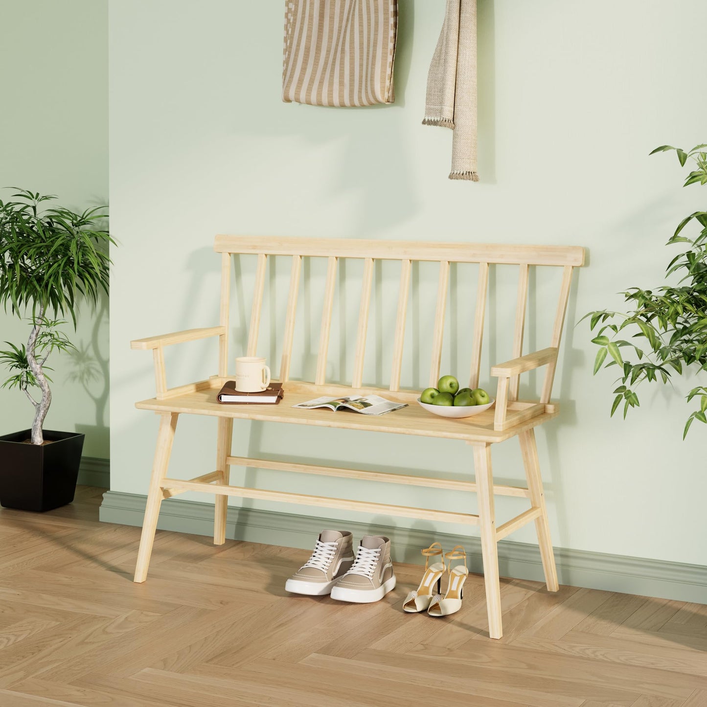 APRTAT Bamboo Entryway Bench, Farmhouse Dining Bench with Spindle Back & Armrest 3 Person Indoor Bench Chair Wood Windsor Bench Durable Easy Assembly for Foyer Balcony Hallway Living Room (Natural)