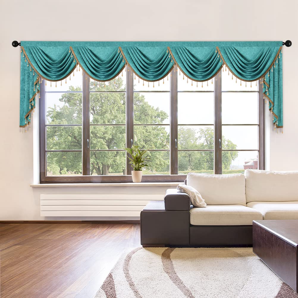 ELKCA Double-Sided Chenille Valance for Living Room Turquoise Curtains Valance with Gold Beads for Bedroom,Rod Pocket(W138Inch,1 Panel)