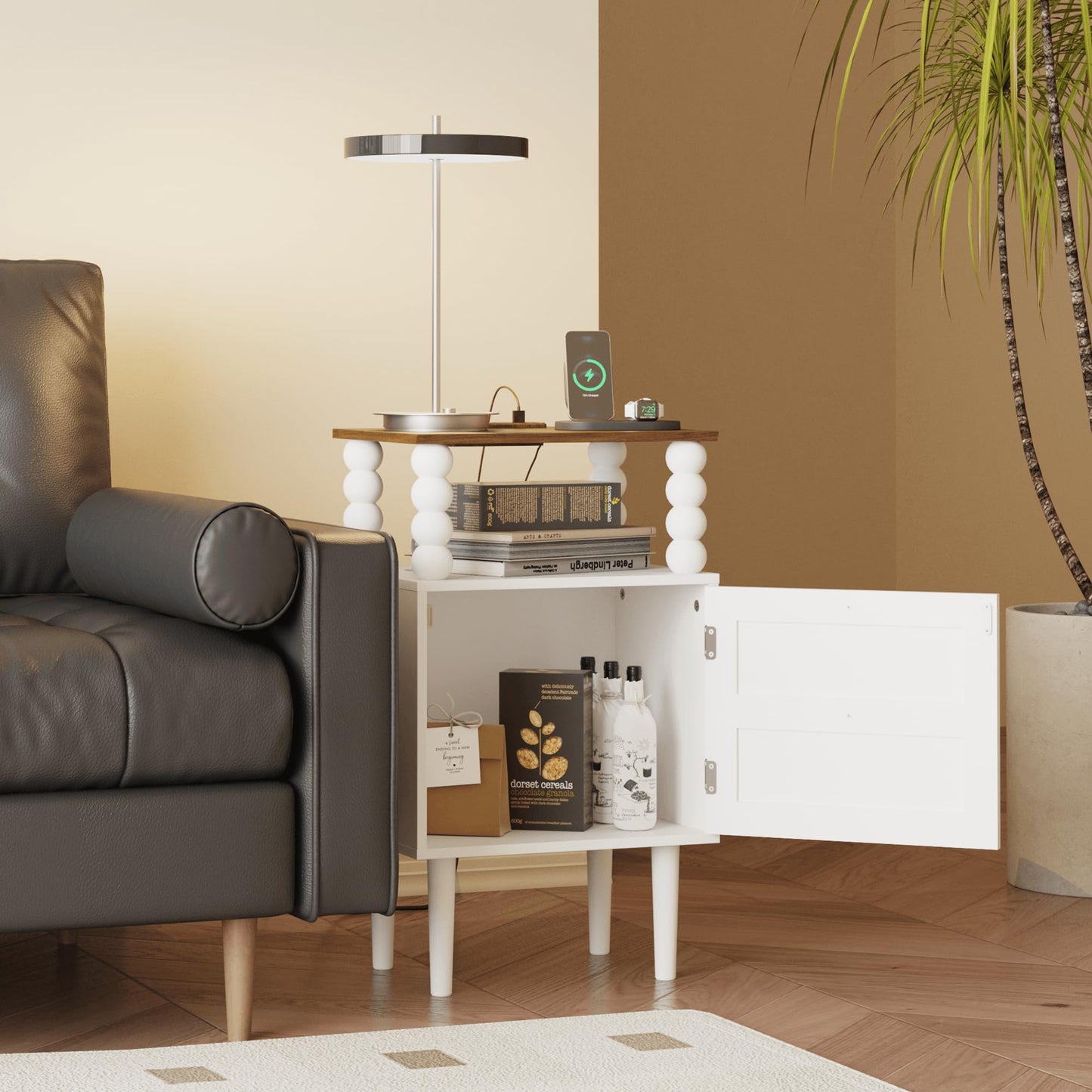 Veegle White Nightstand with Charge Station,Modern Bedside Table with Storage Drawer and Open Wood Shelf, for Bedroom and Small Spaces,Night Stand with Solid Wood Legs (White)