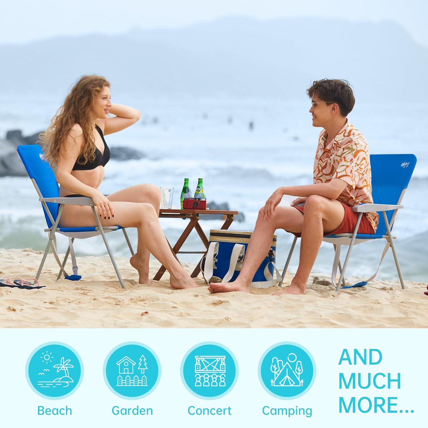 #WEJOY Folding Beach Chair for Adults, Lightweight Beach Chair with Shoulder Straps, High Back Camping Chairs with Hard Armrest, Supports 300lbs for Outdoor Lawn Concert, 2 Pack (Blue)