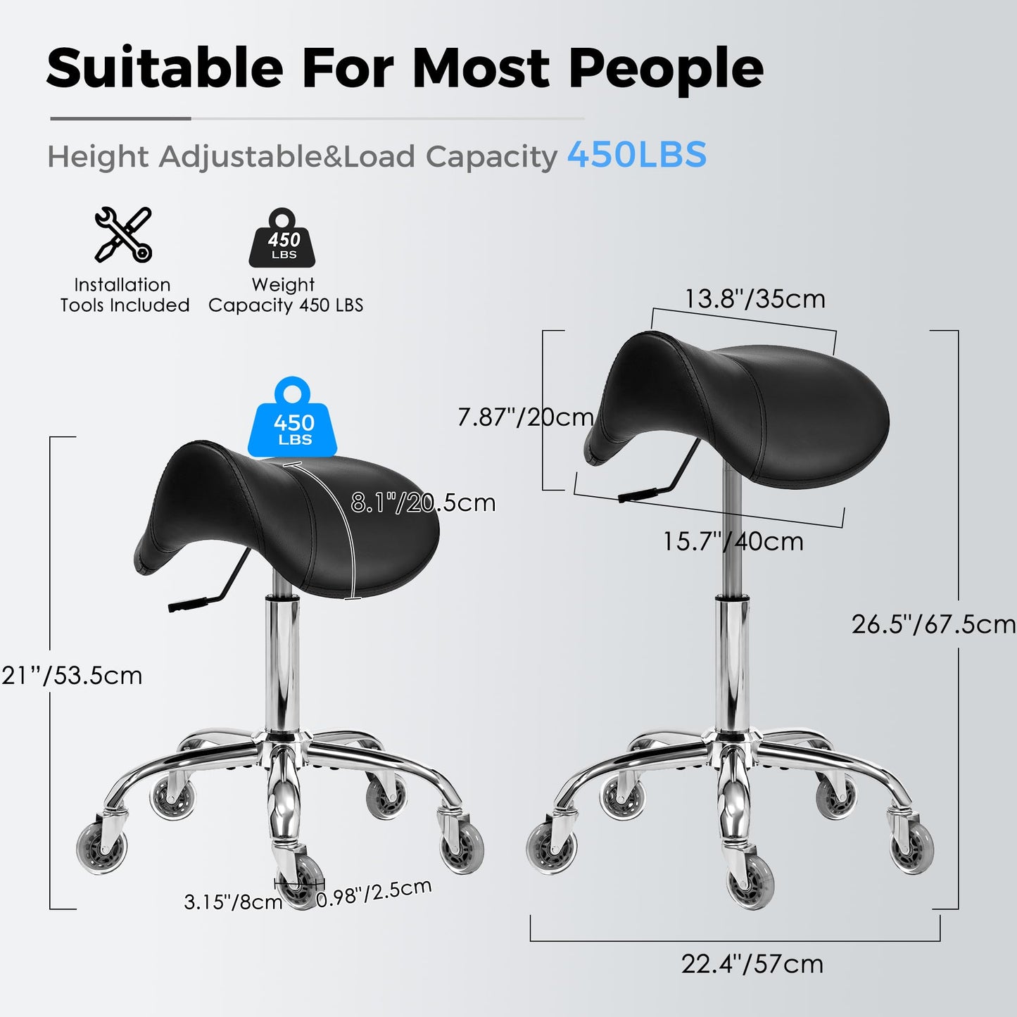 BEWISHOME Saddle Stool with Wheels, Ergonomic Contoured Seat, Thick Cushioned PU Leather Swivel Saddle Chair with Adjustable Height for All-Day Comfort, for Salon, Clinic, Studio and Home Office