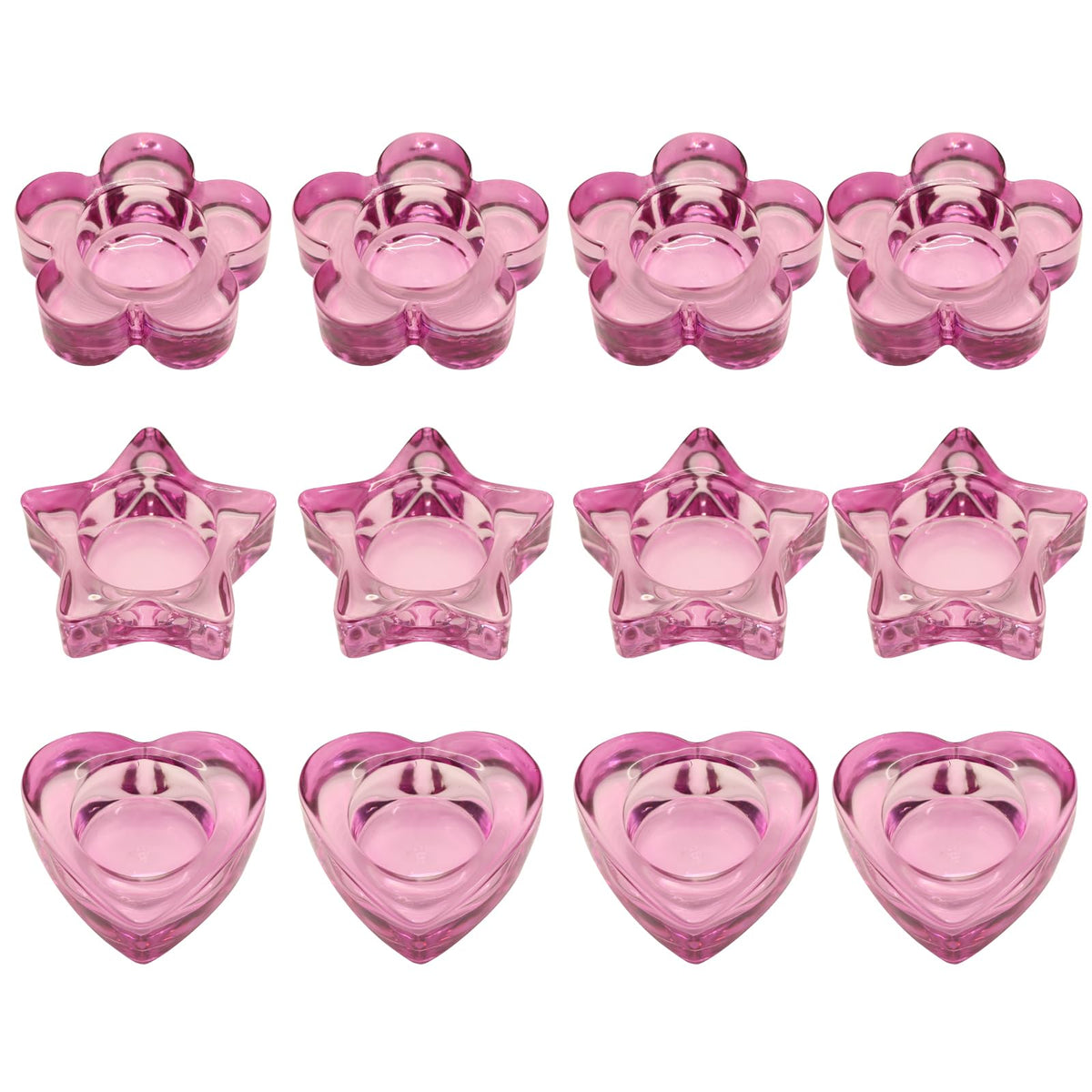 Pink Votive Candle Holders Set of 12 for Table Centerpiece(3 Sizes,Heart/Flower/Star) Tealight Candle Holders Bulk for Birthday Party,Wedding Dinning,Home Decor, Valentines Christmas Decoration(Pink)