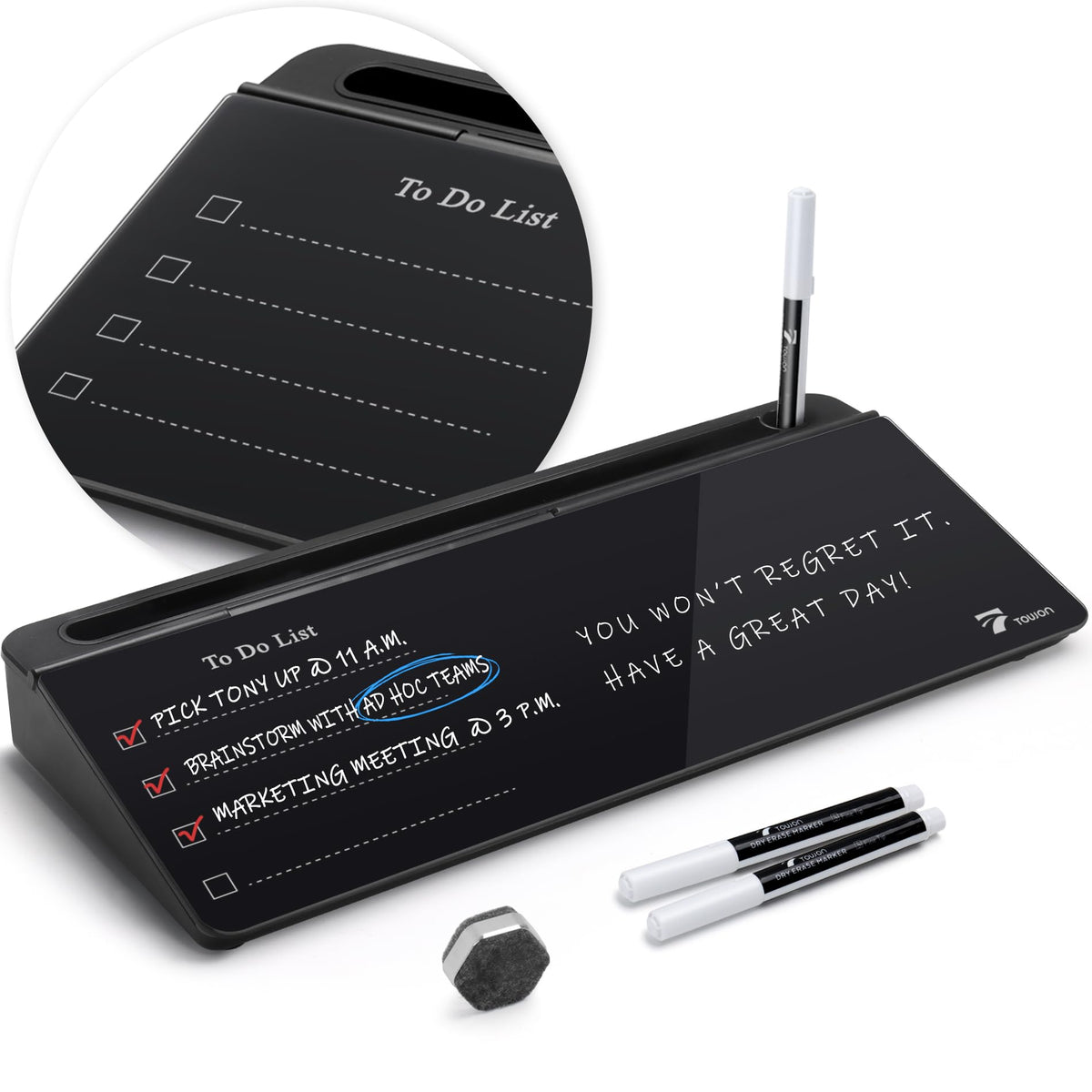TOWON Black Desktop Whiteboard with todo List Templates, White Board Dry Erase Small for Desk, Glass Reminder Memo Notepad to-do List Dry Erase with Storage, Lined & Free Section, 16x7 Inches