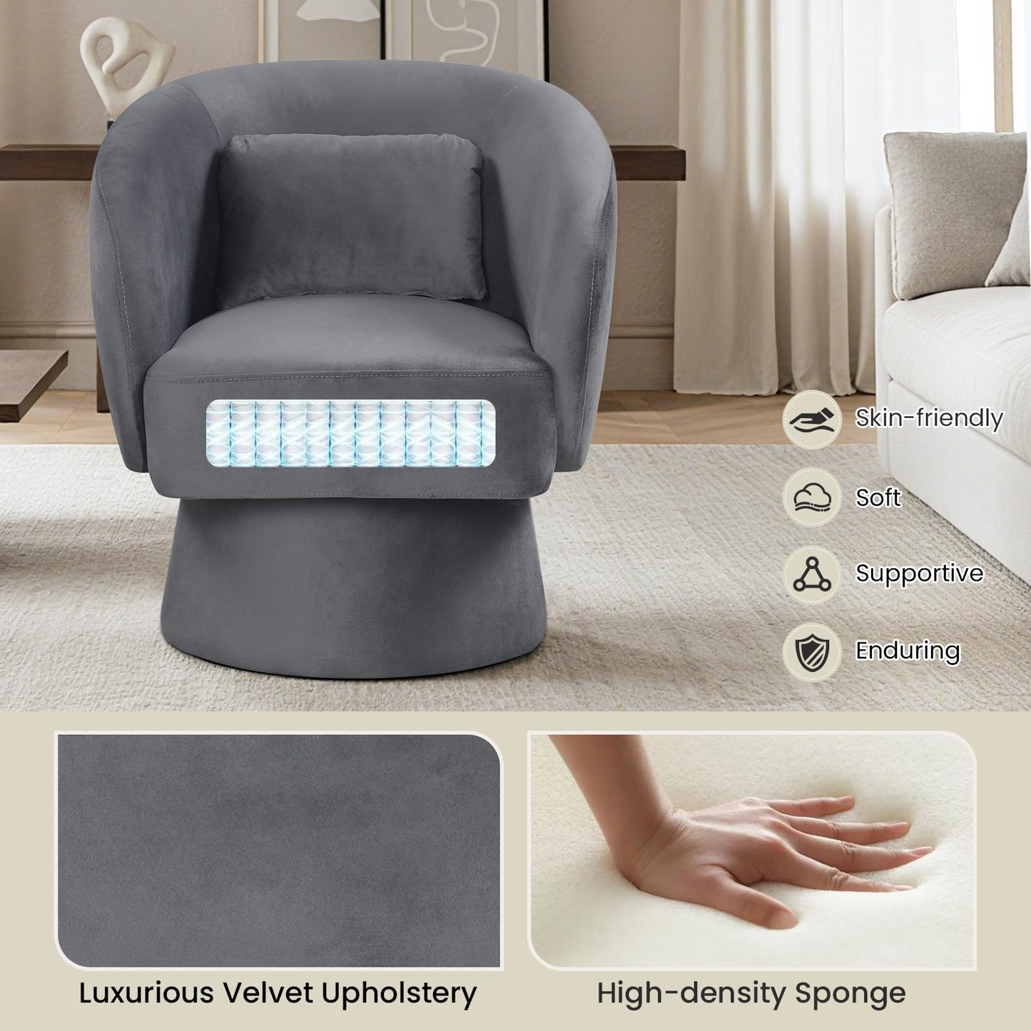 Giantex Swivel Accent Chair, Upholstered Barrel Chair with Curved Back & Removable Lumbar Pillow, Comfy Round Armchair with 360° Rotating Function, Single Sofa Chair for Living Room