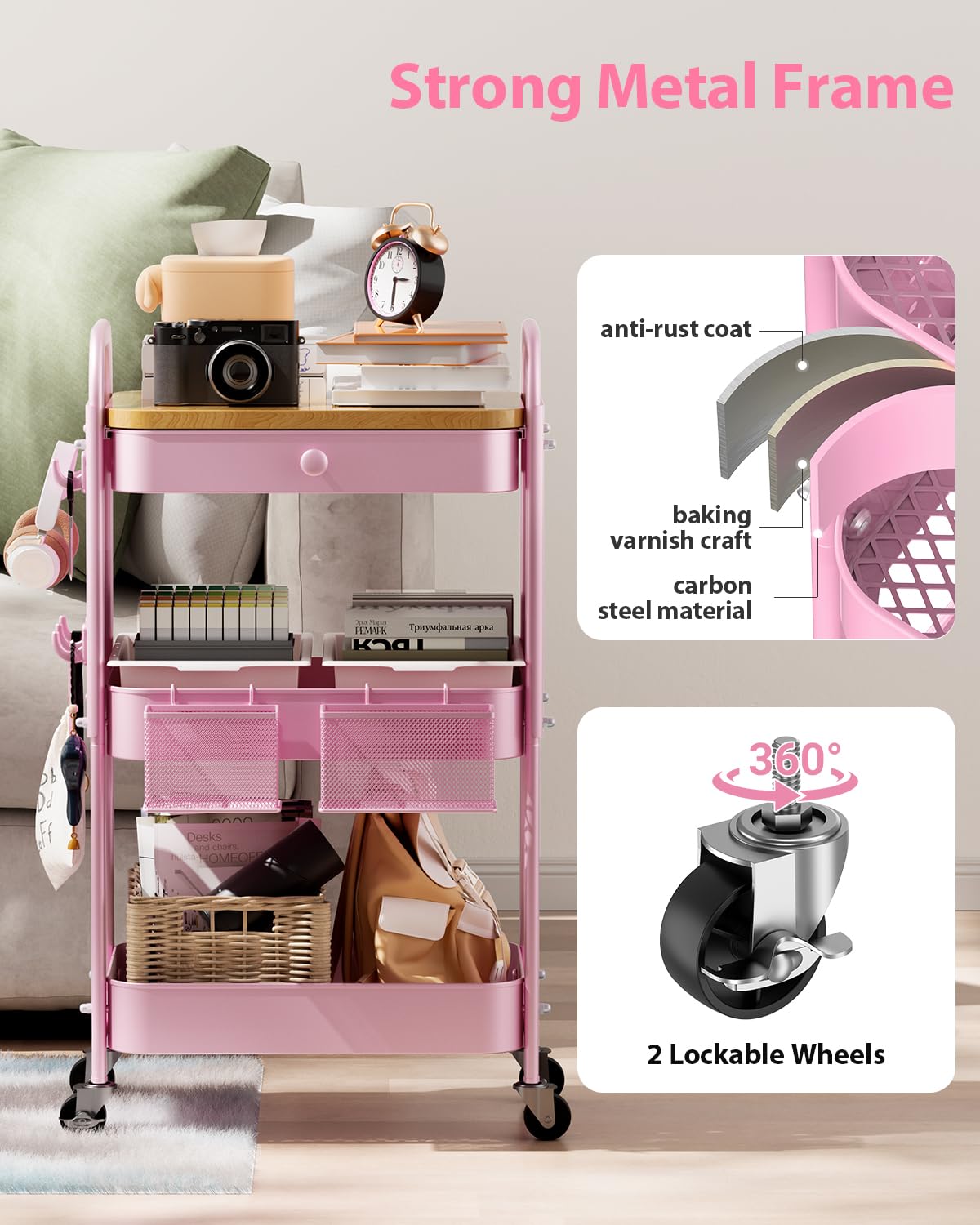ALVOROG Rolling Cart with Drawer and Wood Table Top, 3 Tier Metal Rolling Utility Cart on Wheels with DIY Pegboards, Hanging Baskets,Hooks for Kitchen, Bedroom, Office, Craft Supplies