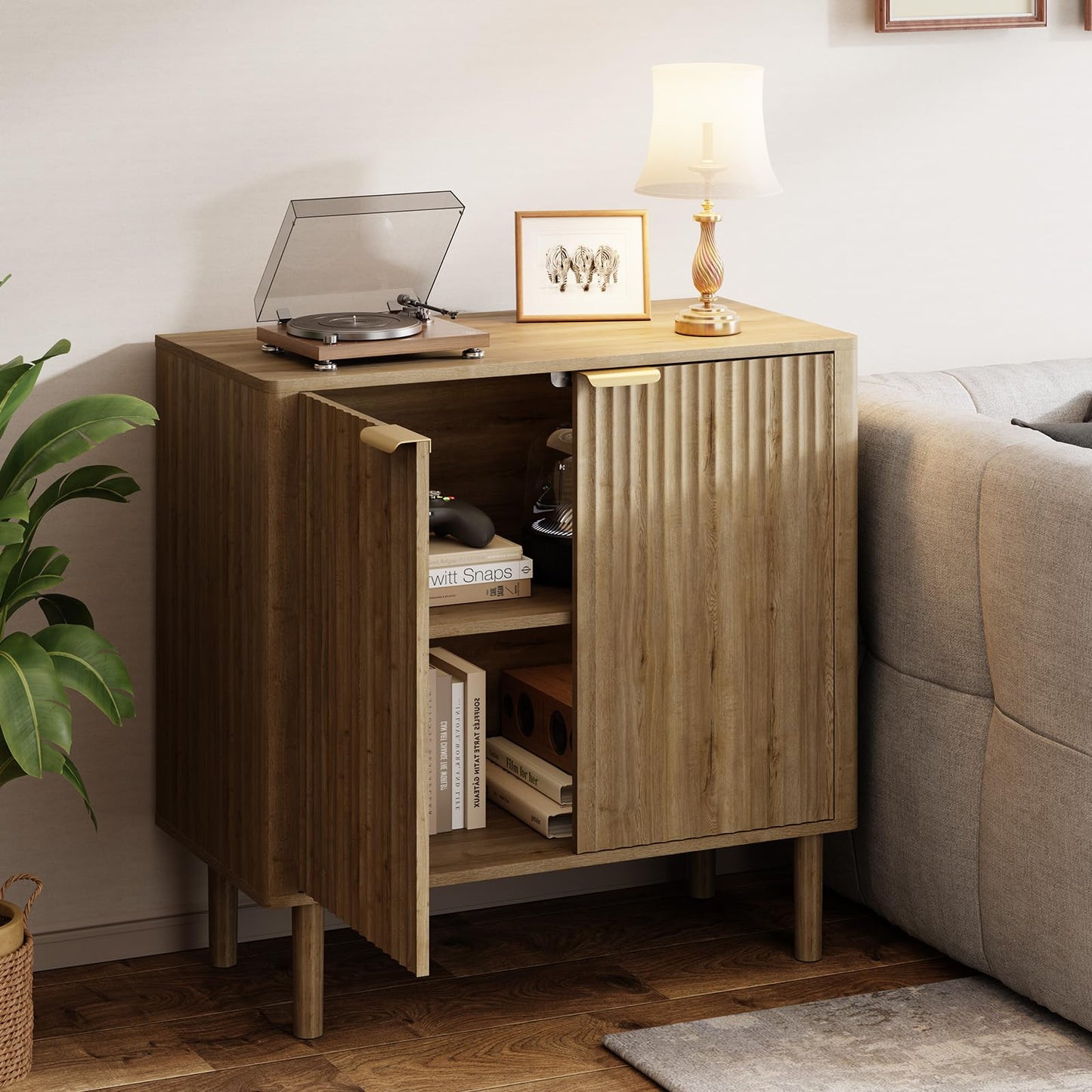 IKALIFE Sideboard Buffet Cabinet with Storage, Modern Fluted Accent Credenza with Doors & Adjustable Shelves, Wood Coffee Bar Console Table for Living Room, Dining Room, Kitchen or Entryway 31.5" Oak
