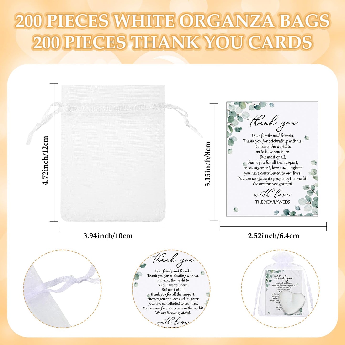 Threlaco 200 Sets Wedding Favors for Guests Bulk Mini Heart Shaped Candles Wedding Party Favors for Guests with Thank You Cards and Organza Bags Bridal Shower Party Souvenir Candle Gifts