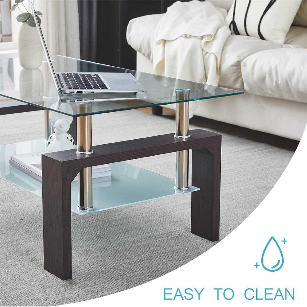 Btrpily Walnut Rectangular Coffee Table, 39.5in x 23.5in x 17.5in, Glass Tabletop with Lower Shelf, Adjustable Bottom Corners