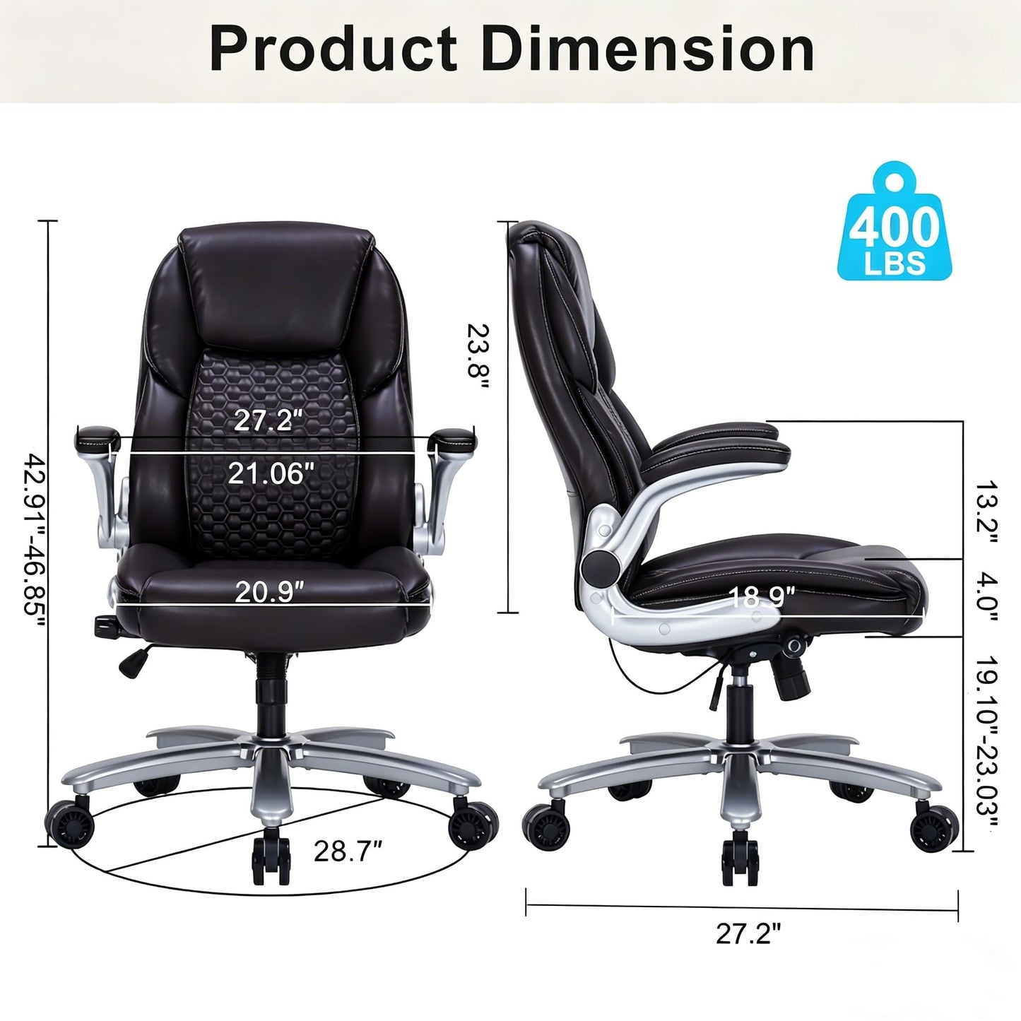 ZLHECTO® Big and Tall Executive Office Chair, PU Leather Swivel Desk Chair with Flip-up Arms, Adjustable Lumbar Support, Space-Saving Height Adjustable Rolling Computer Chair for Home & Office Use