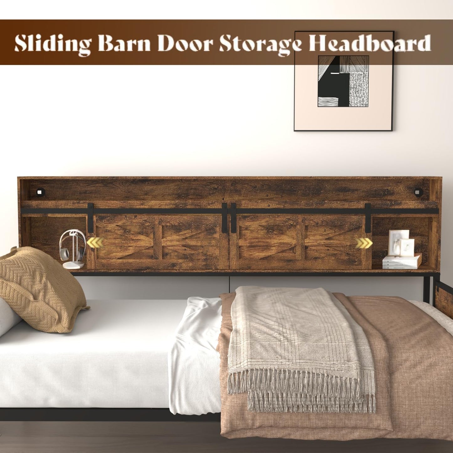 Daybed with Trundle and LED Lights, Metal Twin Bed Frame with Sliding Barn Door Headboard & Charging Station, Day Bed Pop Up Trundle Bed for Living Room Bedroom Guest Room (Black+Brown, Twin)