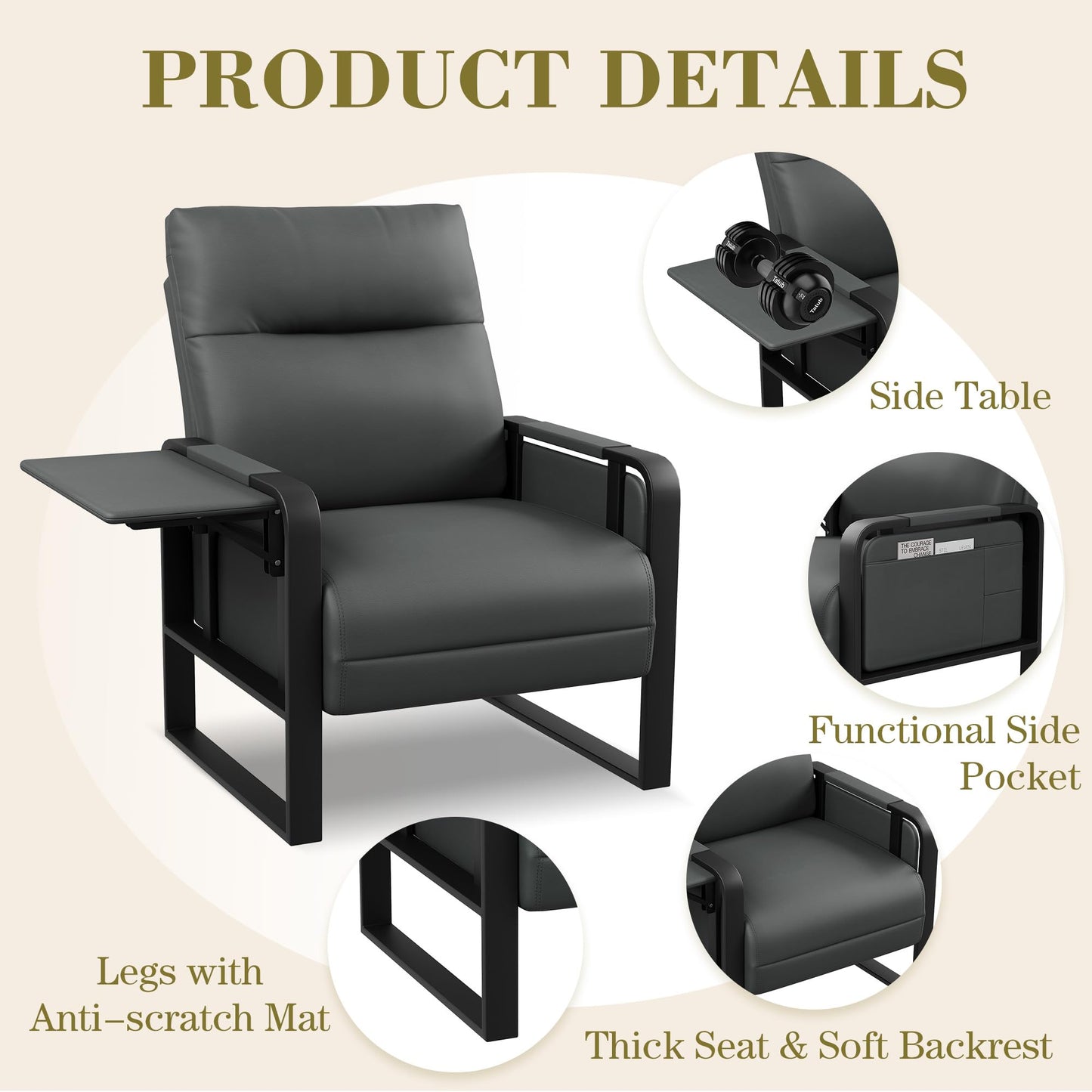 Apeaka Modern Faux Leather Accent Chair Upholstered Armchair with Side Table for Bedroom Living Room Chairs Office Chair Grey Leisure Chair