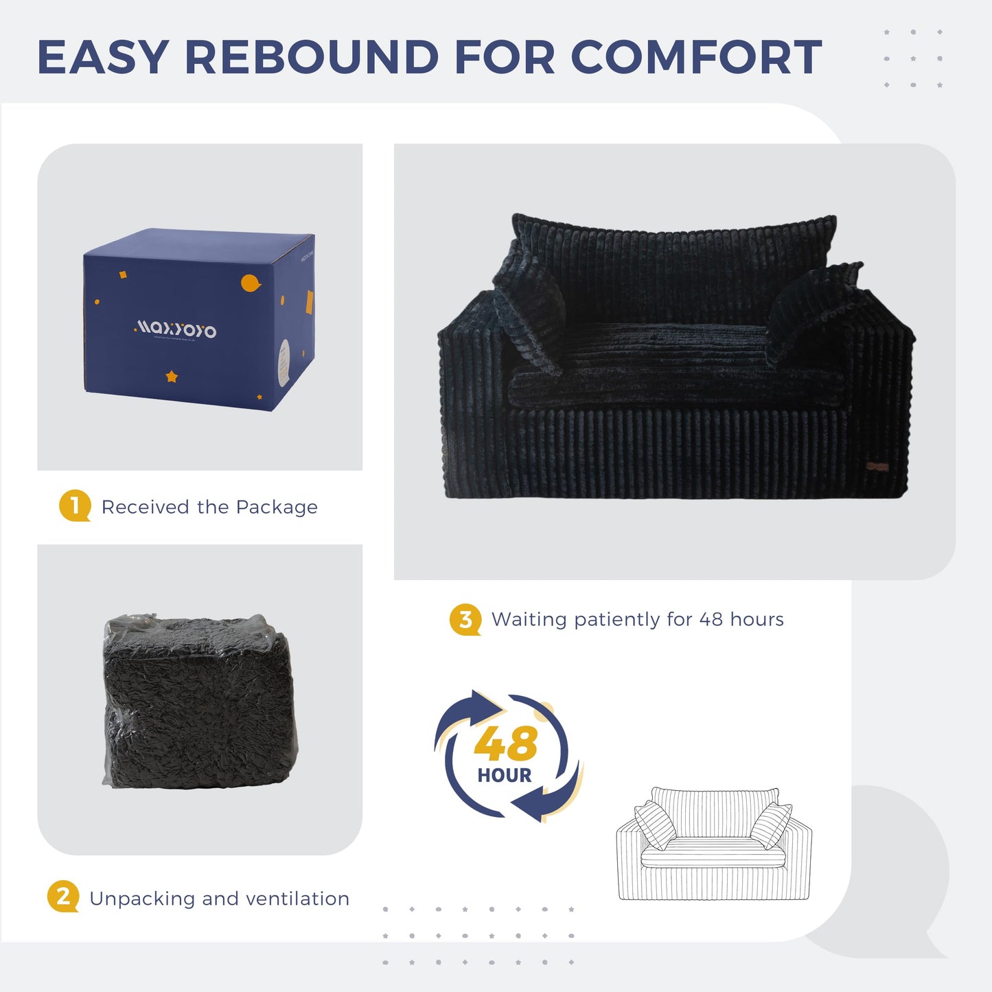 MAXYOYO 59" Bean Bag Sofa Couch, Loveseat Boneless Couch in a Box, Upholstered Small Mini Sofa with Deep Seating for Living Room Bedroom Office Apartment, No Assembly, Black