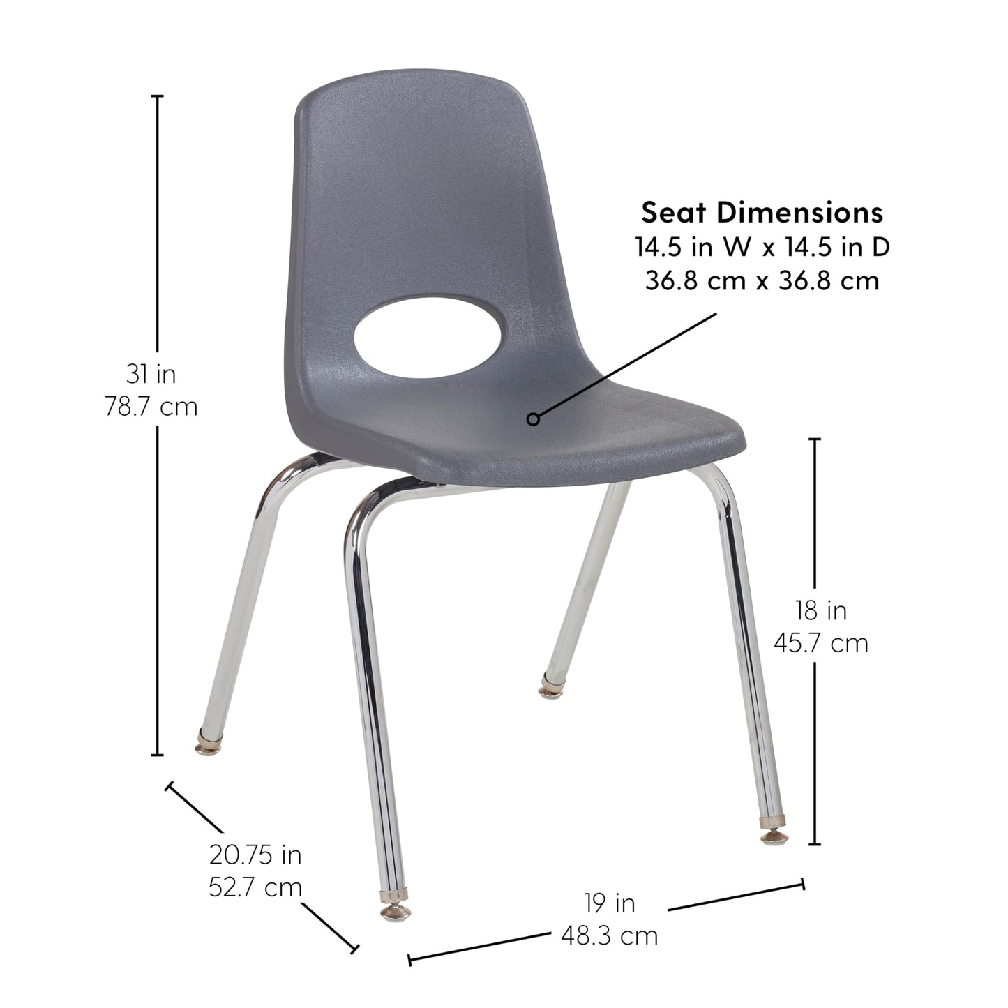 FDP 18" School Stack Chair, Stacking Student Seat with Chromed Steel Legs and Nylon Swivel Glides For In-Home Learning, Classroom or Office - Gray (5-Pack), 10371-GY