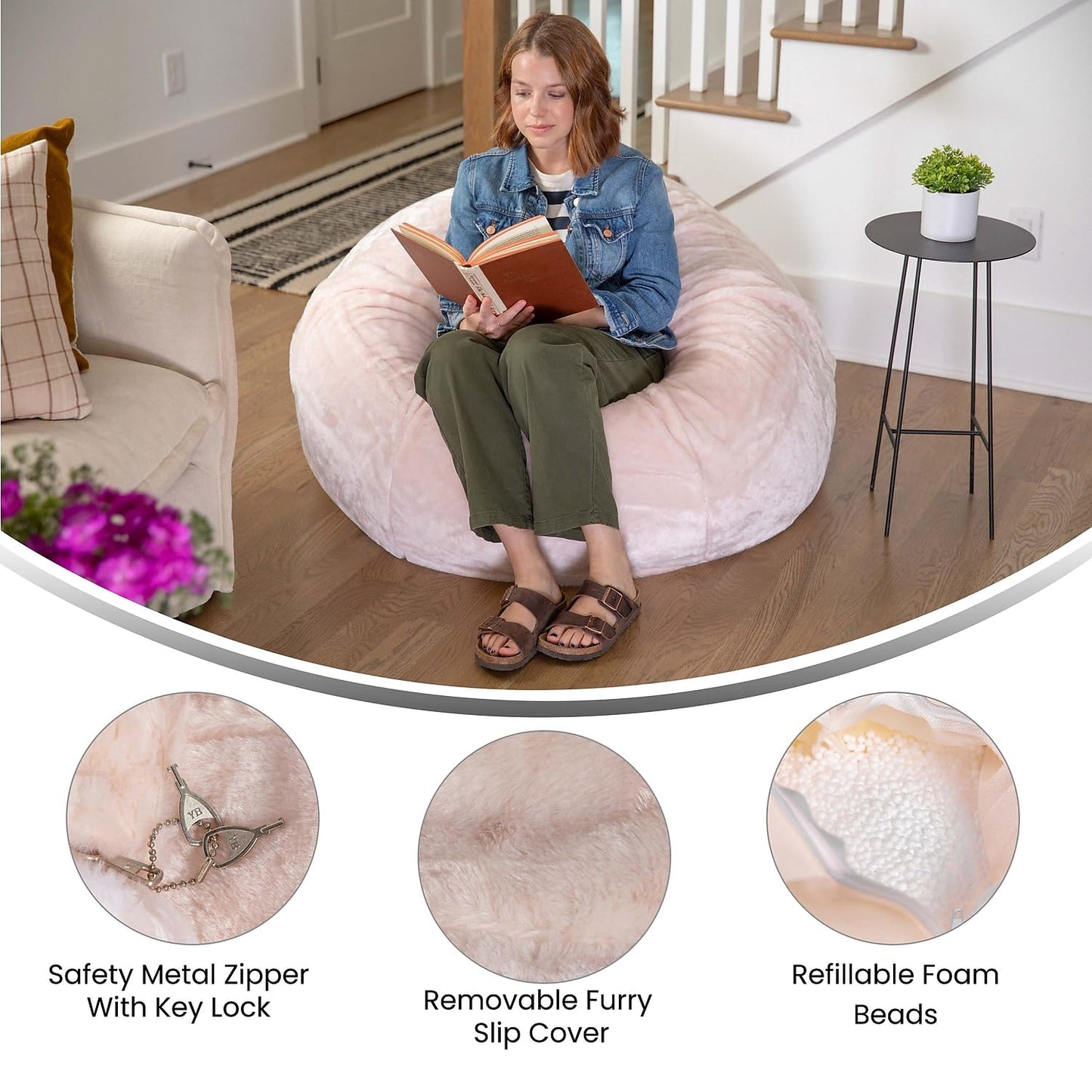 Flash Furniture Duncan Oversized Blush Furry Bean Bag Chair for Kids and Adults