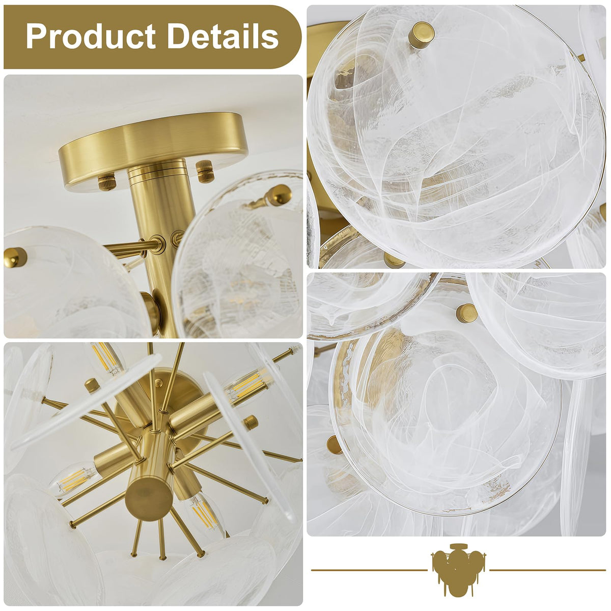 LOZOHOM 15" Brass Gold Semi Flush Mount Ceiling Light,13 lb Sturdy Vintage Flush Mount Chandelier with Unique Cloud Glass, 4-Light Modern Hallway Light Fixtures for Bedroom Laundry Room Foyer Entryway