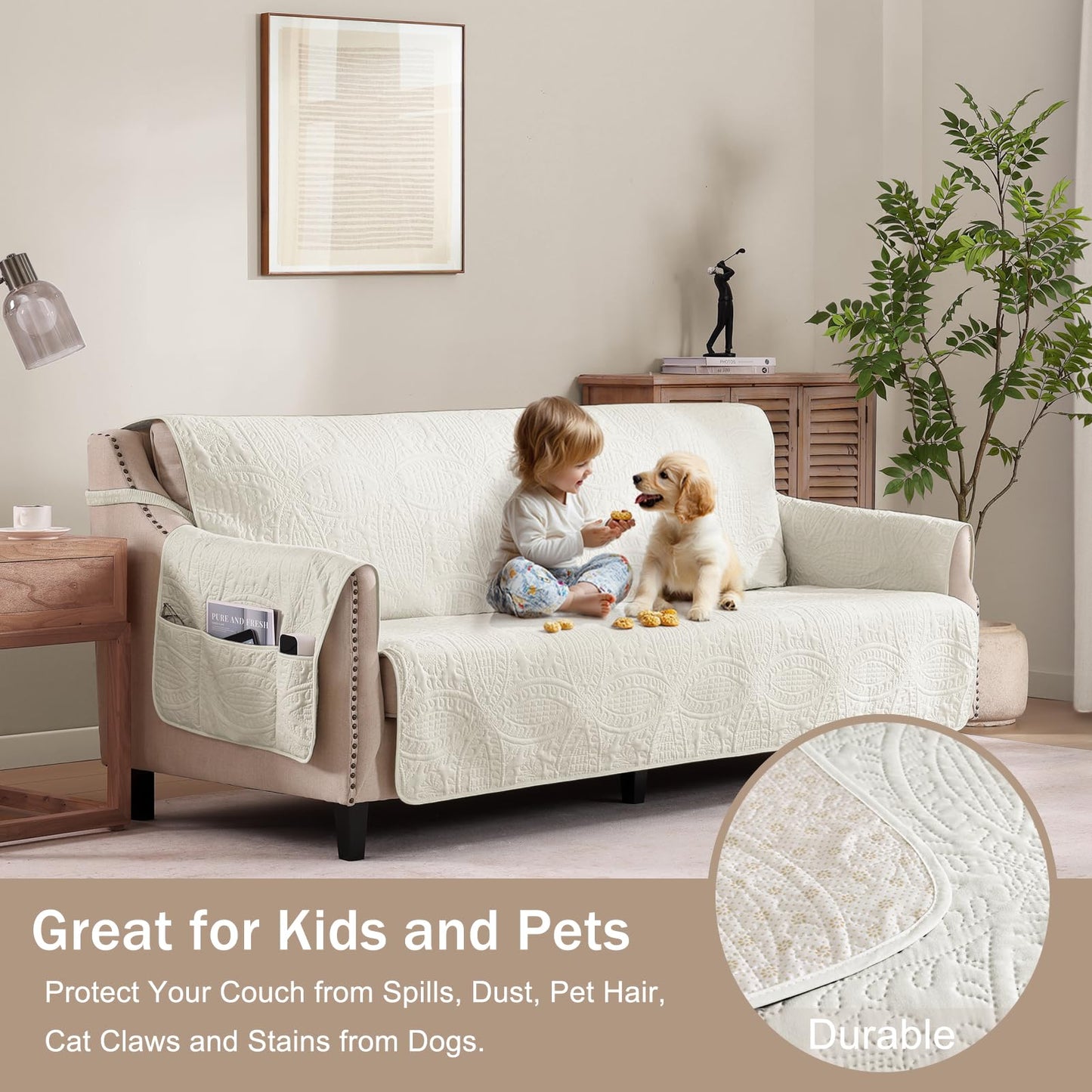 Pamhaven Ivory Recliner Chair Covers, Quilted Décor Water-Repellent Medium Lazy Boy Chair Covers, Pet Friendly Recliner Cover for Dogs Cats, Washable Couch Cover (Recliner 26", Ivory White)