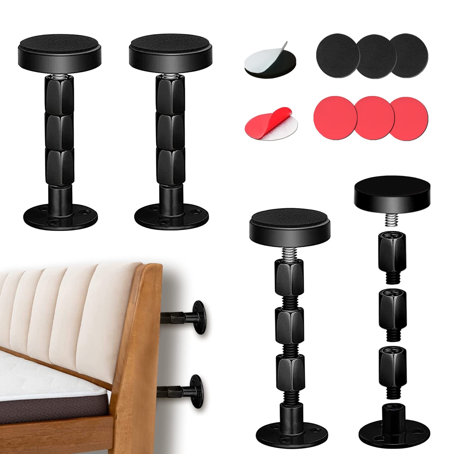 cosbur 4PCS Headboard Stoppers for Wall, Adjustable Bed Frame Anti-Shake Tool, Bed Wall Bumpers with Free Furniture Pads and Screws, Headboard Wall Protectors, Protect The Wall(1.18"-4.72")