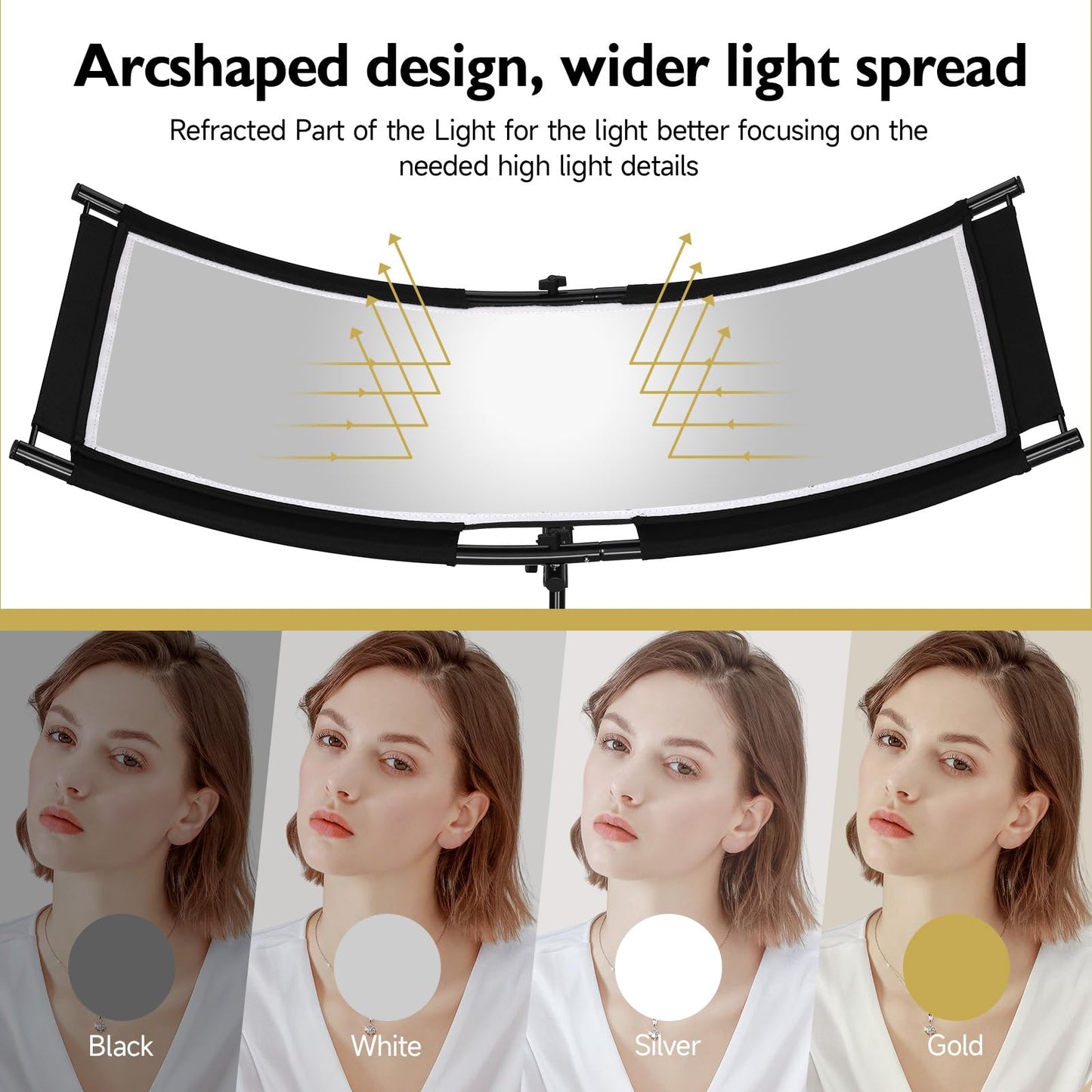Clamshell Light Reflector/Diffuser with Carrying Case,40"X20" (4 Color in 1) Arclight Curved Eyelighter Lighting Diffuser for Photography Portrait Studio Video Shooting,Black/White/Gold/Silver