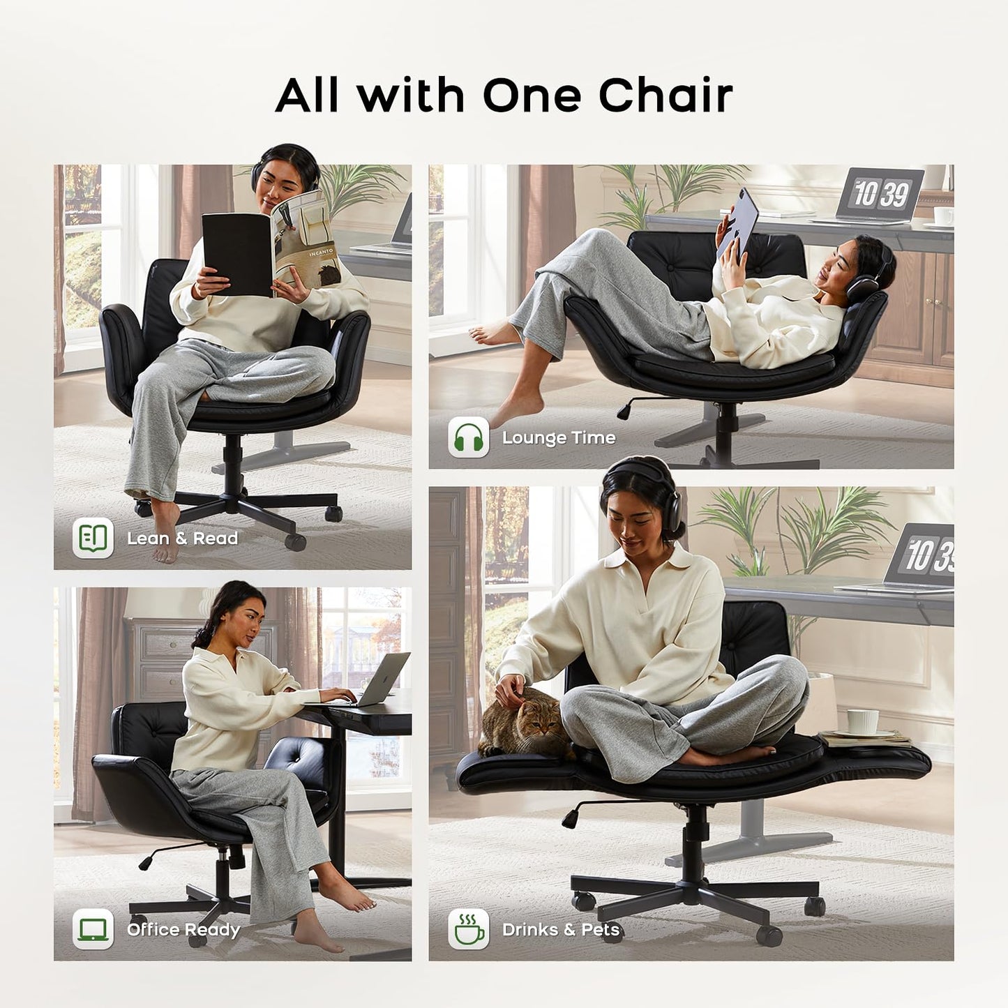 amseatec Criss Cross Office Chair, PU Leather Vanity Chair with 5-Level Adjustable Armrests & Swivel, Ergonomic Criss Cross Chair for Home Office Bedroom Makeup（Black）