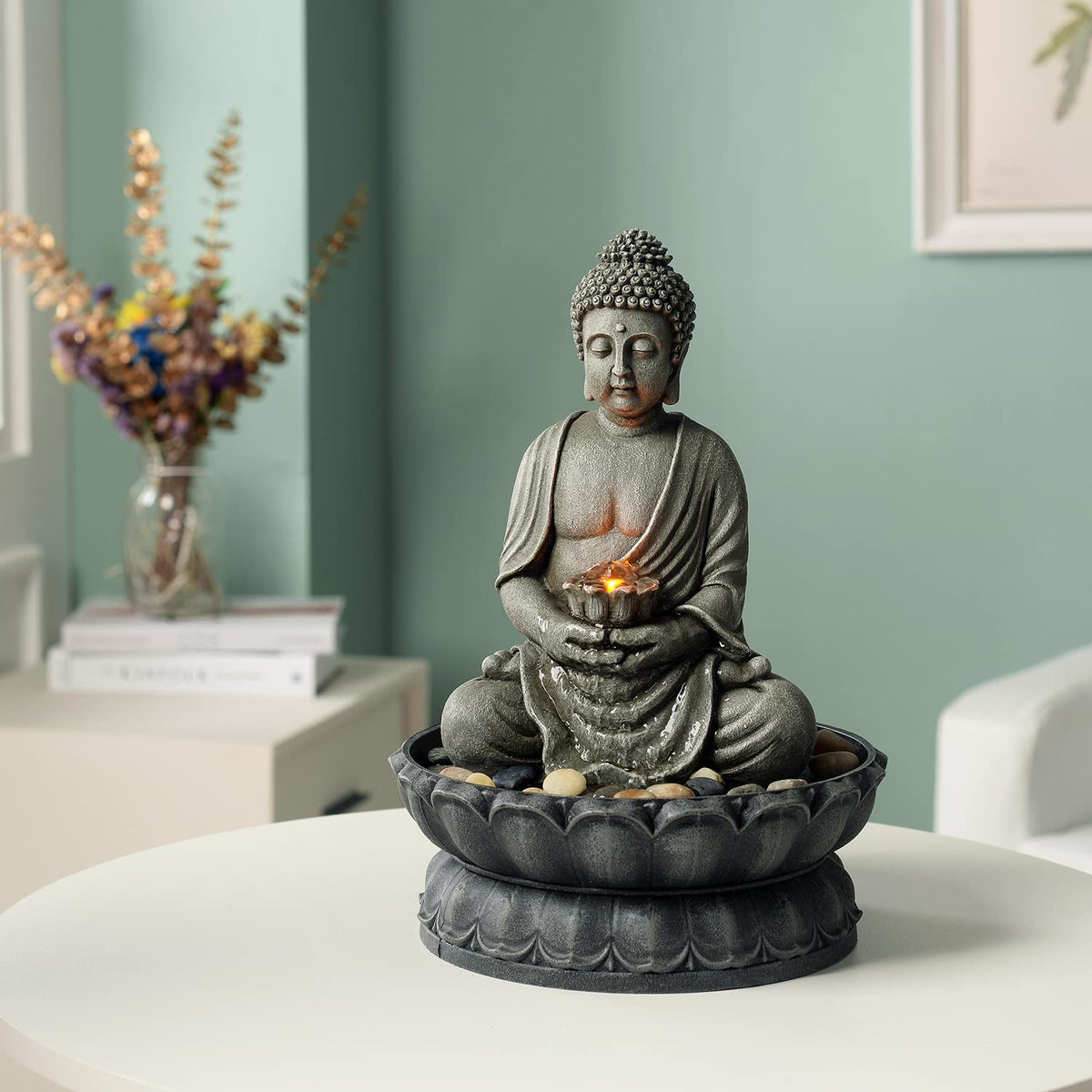 GOSSI 11.2 Inch Tall Indoor Tabletop Buddha Fountain with Reflective Lighting and Cobblestone Base, Zen Desk Water Fountain for Office and Home Decor
