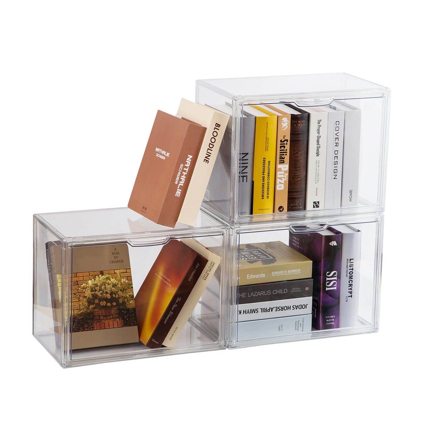 BOHOIDEE 3PACKS Clear Book Storage Organizer for Bookshelf, Plastic Stackable Book Display Case with Magnetic Door, Acrylic Showcase for Toys Handbags, Shoes, Purses