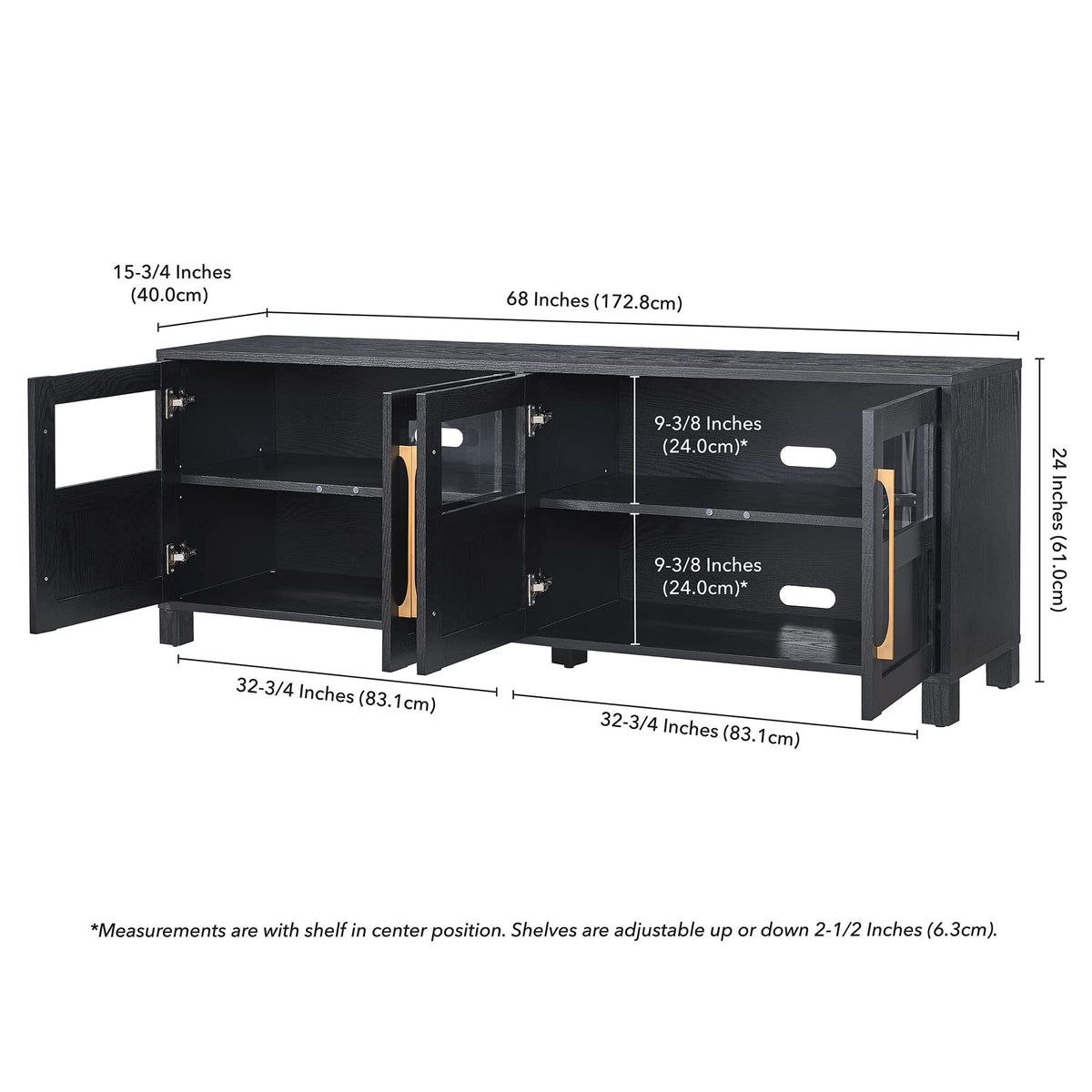 Henn&Hart TV Stand for TVs up to 75" with 2 Glass and Wood Split Panel Display Cabinets for Living Room, Family Room, or Office, Natural Black