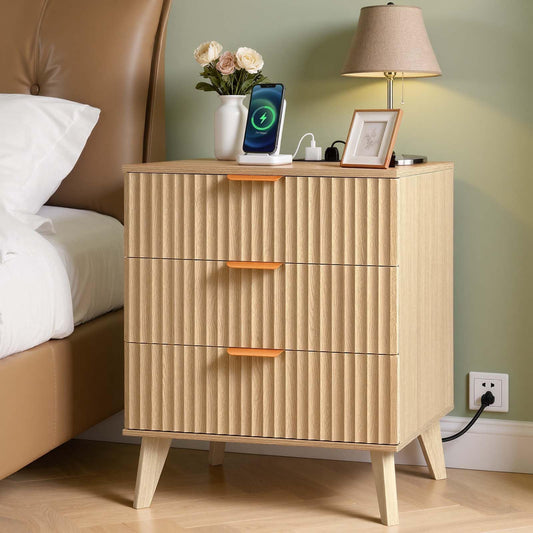 VEVOR Fluted Nightstand 3 Drawer Dresser, 24" Wide Bedside Table with Charging Station, Mid Century Modern Night Stand with Metal Handle, USB-A/Type-C Ports, Wood Bed Side Table for Bedroom