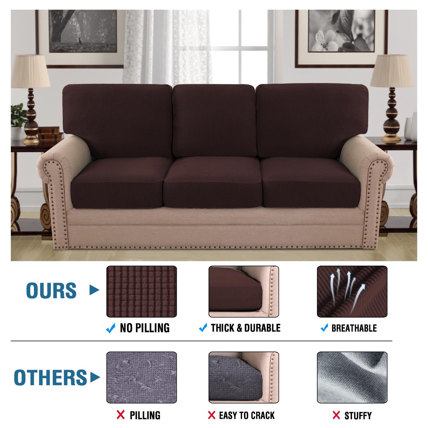 H.VERSAILTEX Multi-Pieces Sofa Slipcovers for 3 Seat Cushion Couch High Stretch Couch Cushion Covers Jacquard Textured Twill Fabric(3 Seat Covers Plus 3 Back Cushion Covers, Chocolate)
