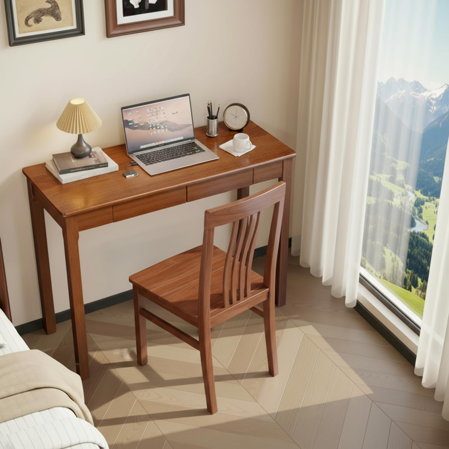 LuxeSand 100% Solid Wood Desk with Drawers 39 x 15 Inch Mid Century Modern Desk Vintage Small Writing Wooden Desks for Small Spaces Bedroom, Living Room, Office