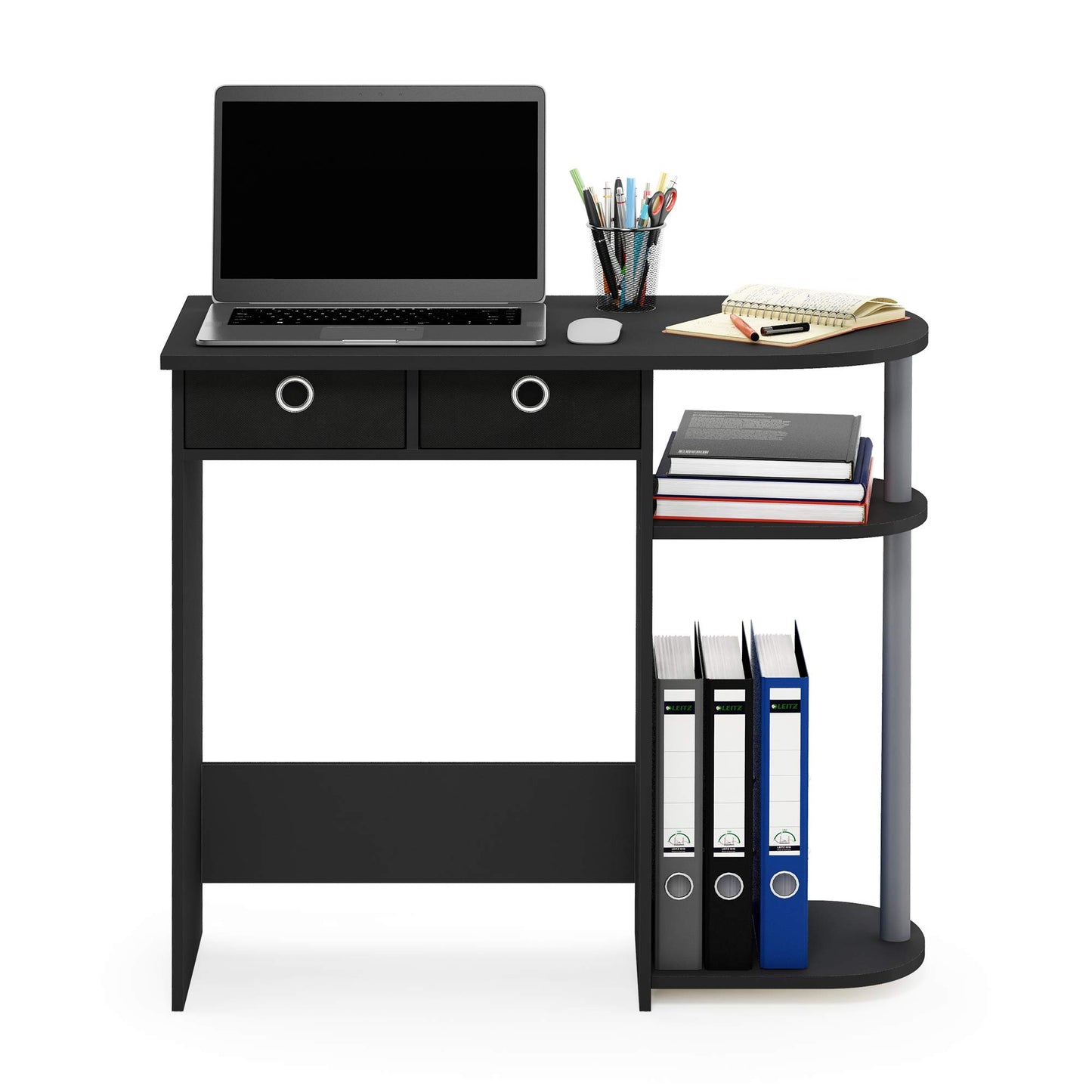 Furinno Go Green 32-Inch Black Computer Desk, Office Desk with 2 Side Shelves and Storage Bins, Rectangular Home Office Desk, Gaming Desk for Home Office, Bedroom, Study Room, Classic Black