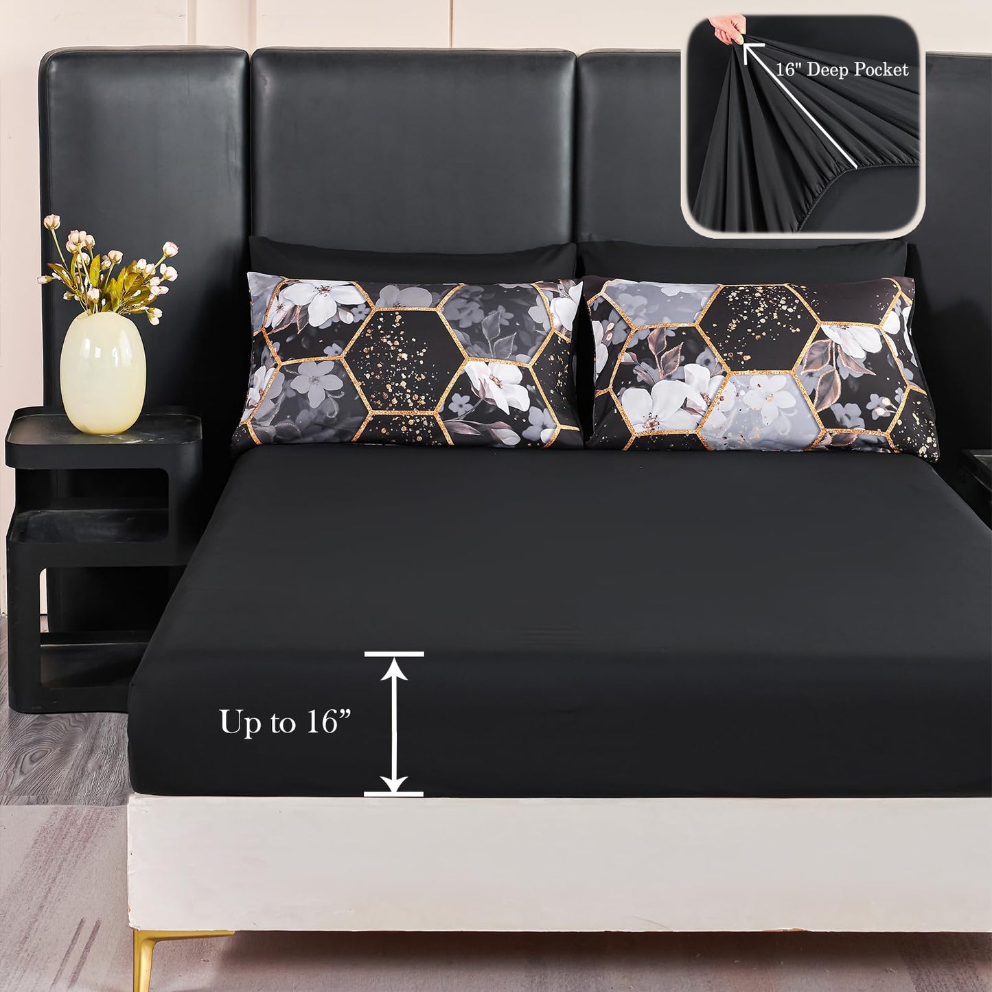 ZRNBAST 7 Pieces King Comforter Sets, Black Geometric Bed in A Bag with Sheets, Floral Print Bedding Sets, Soft Lightweight Microfiber Bed Set for All Season(Black Floral,King)