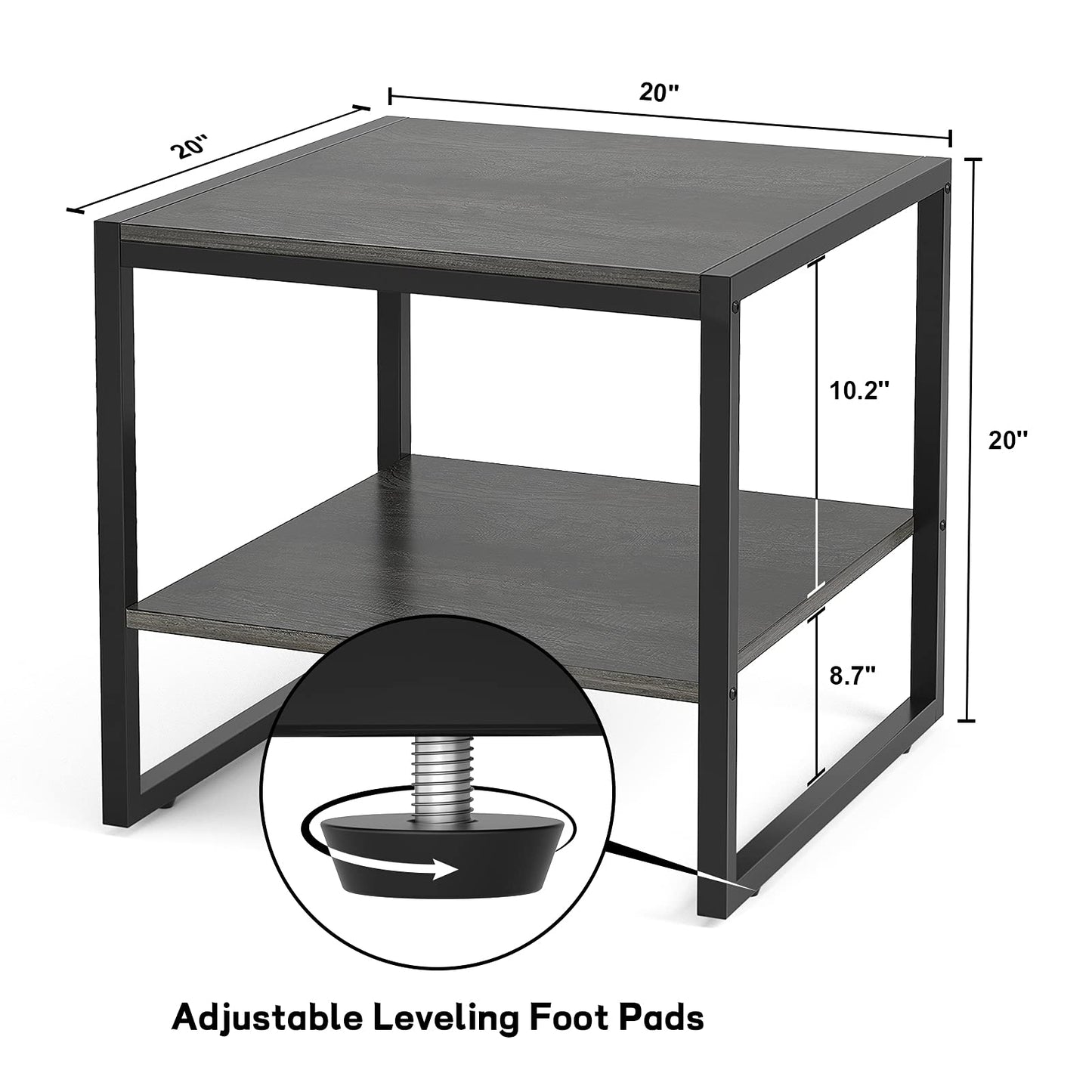 Homieasy End Table, 20 Inch Square End Table, Mini Fridge Stand with 2-Tier Storage Shelves, Industrial Wood Side Table Small Table Stand for Living Room, Bedroom, Office, Black Oak