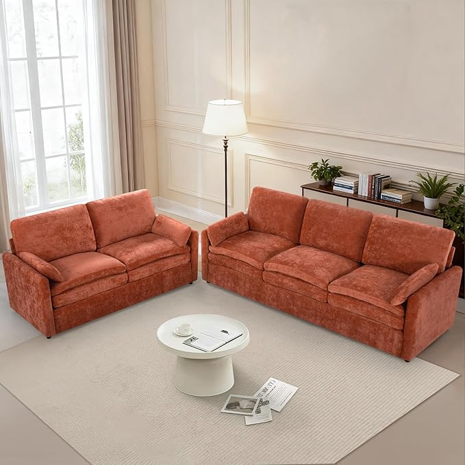 Classic Chenille Sofa Set with 2 Extra Armrest Pillows, Loveseat and 3-Seat