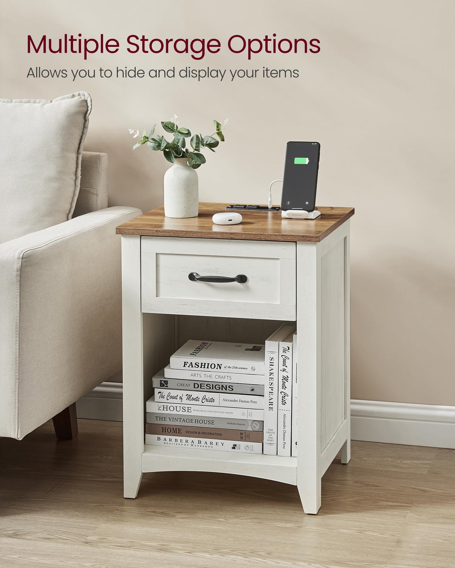 VASAGLE LIRY Collection - Farmhouse Nightstands with Charging Station, Set of 2 Bedside Tables, Side Tables with Drawer, Open Compartment, for Bedroom, Rustic White and Honey Brown ULET859K41