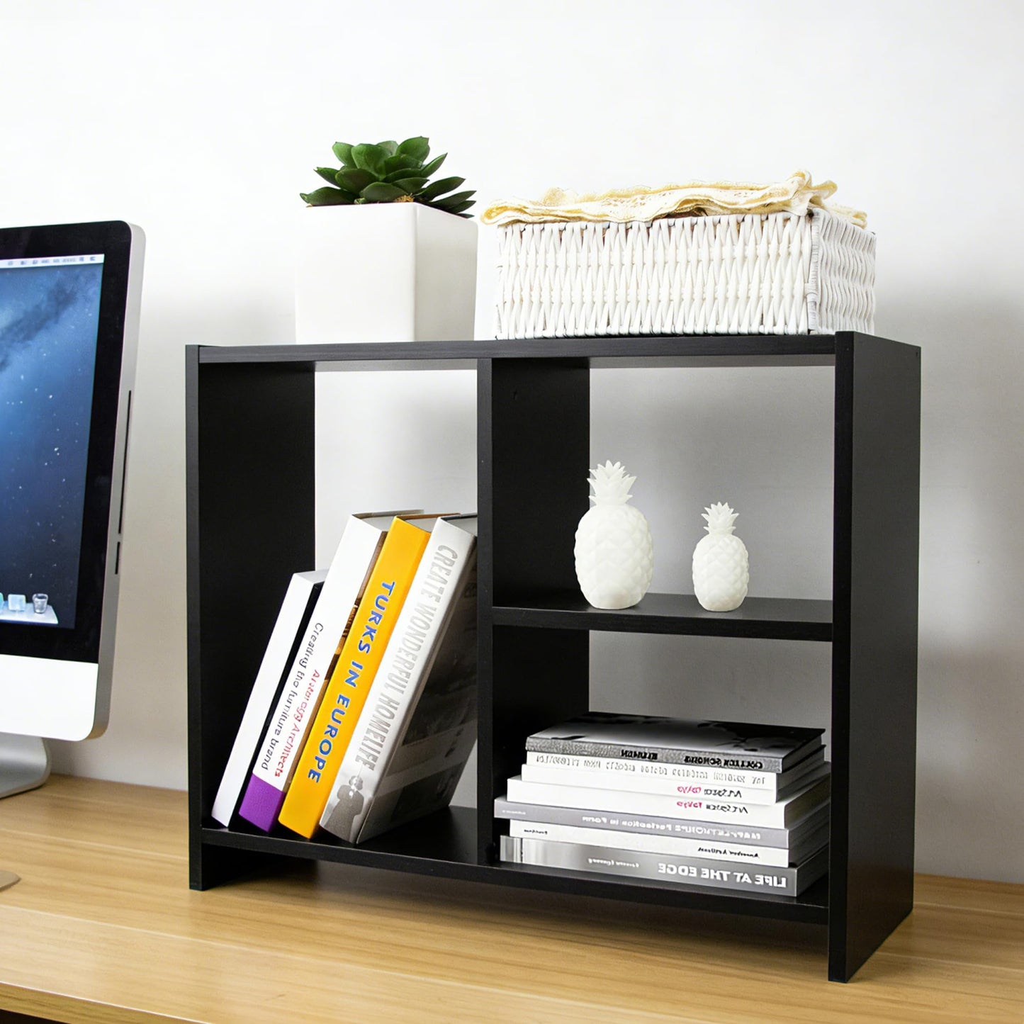 Jerry & Maggie Cubic 3-Tier Wooden Desk Organizer – Jet Black Free-Standing Office Storage Rack with Display Shelves for Home or Workspace, Perfect as Birthday Gift or Accessory Holder
