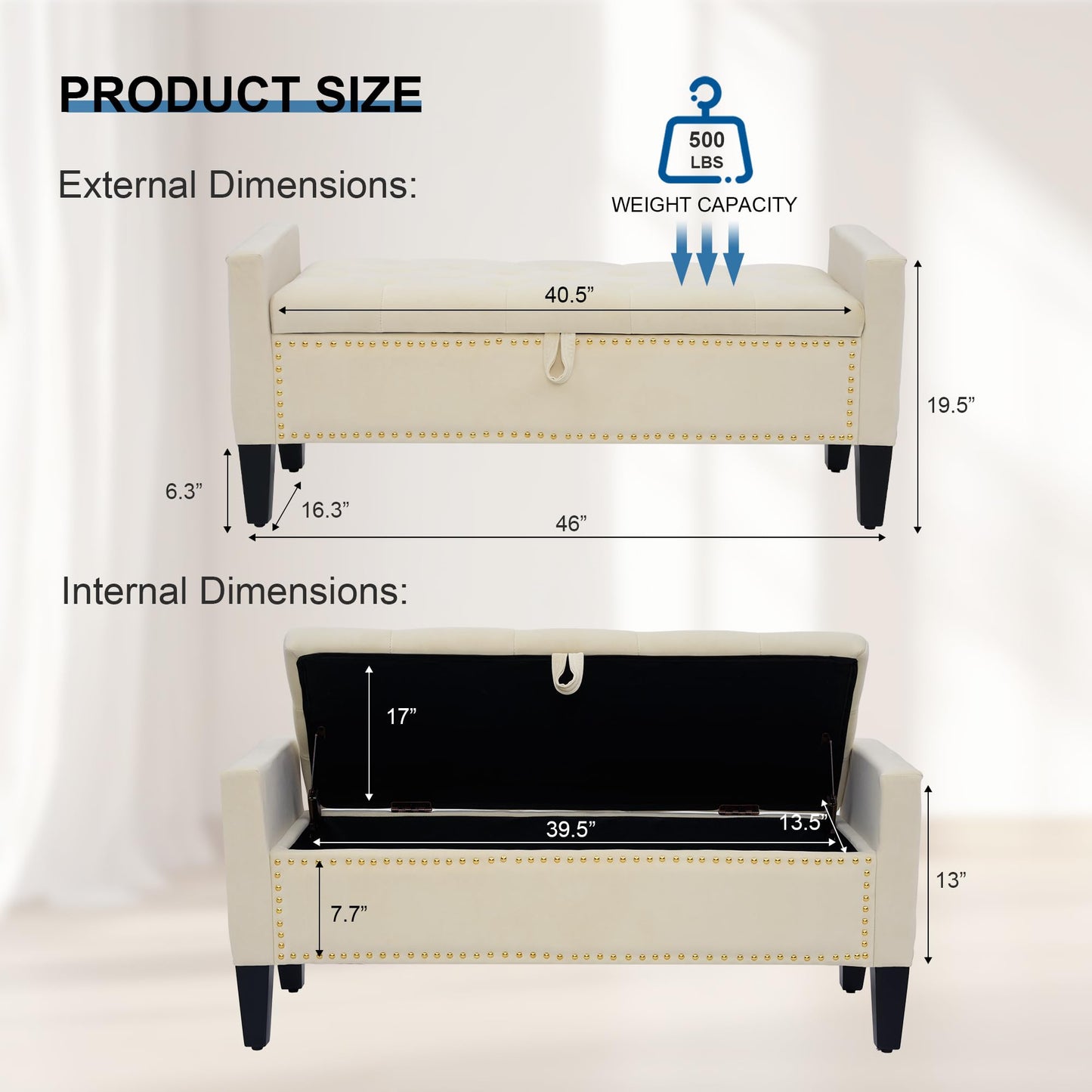 UDAX Storage Ottoman Bench, Velvet Upholstered Footstool for Bedroom and Living Room, Frosted Flannel Seat with Storage, Wooden Legs & Metal Rivets, Beige