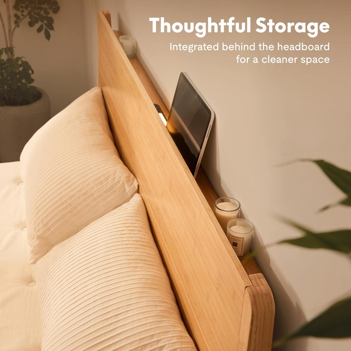 FLEXISPOT Hako G4 Queen Bamboo Platform Bed Frame with Charging Storage Headboard, Japanese Joinery Bed Frame, Built-in Night Light, Minimalist Style, Quick Assembly, 1300 lbs Capacity, Natural